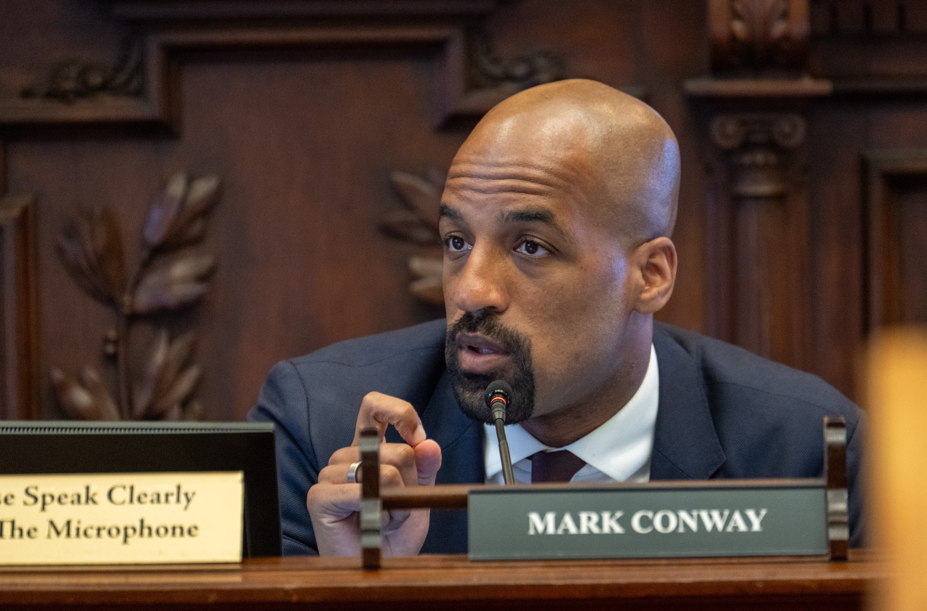 Tuesday, July 29, 2025 — Councilman Mark Conway asks questions during a hearing on the opioid crisis at City Hall.