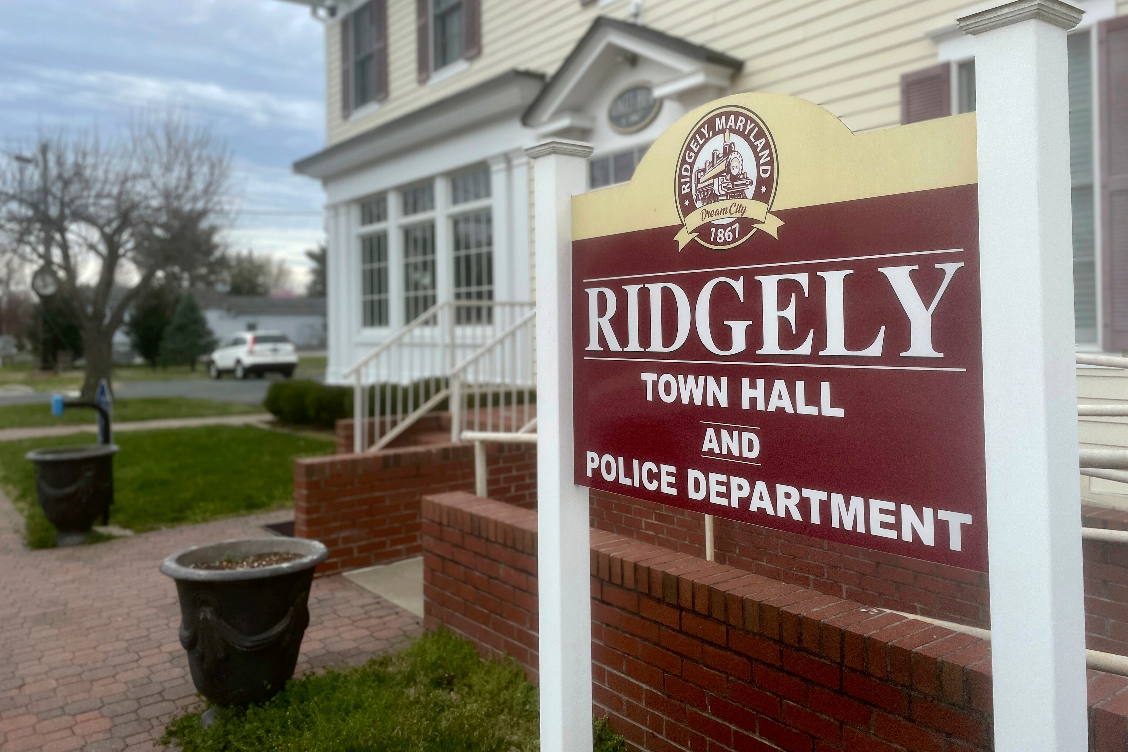 The sign outside the town government and police department offices in Ridgely, Maryland.