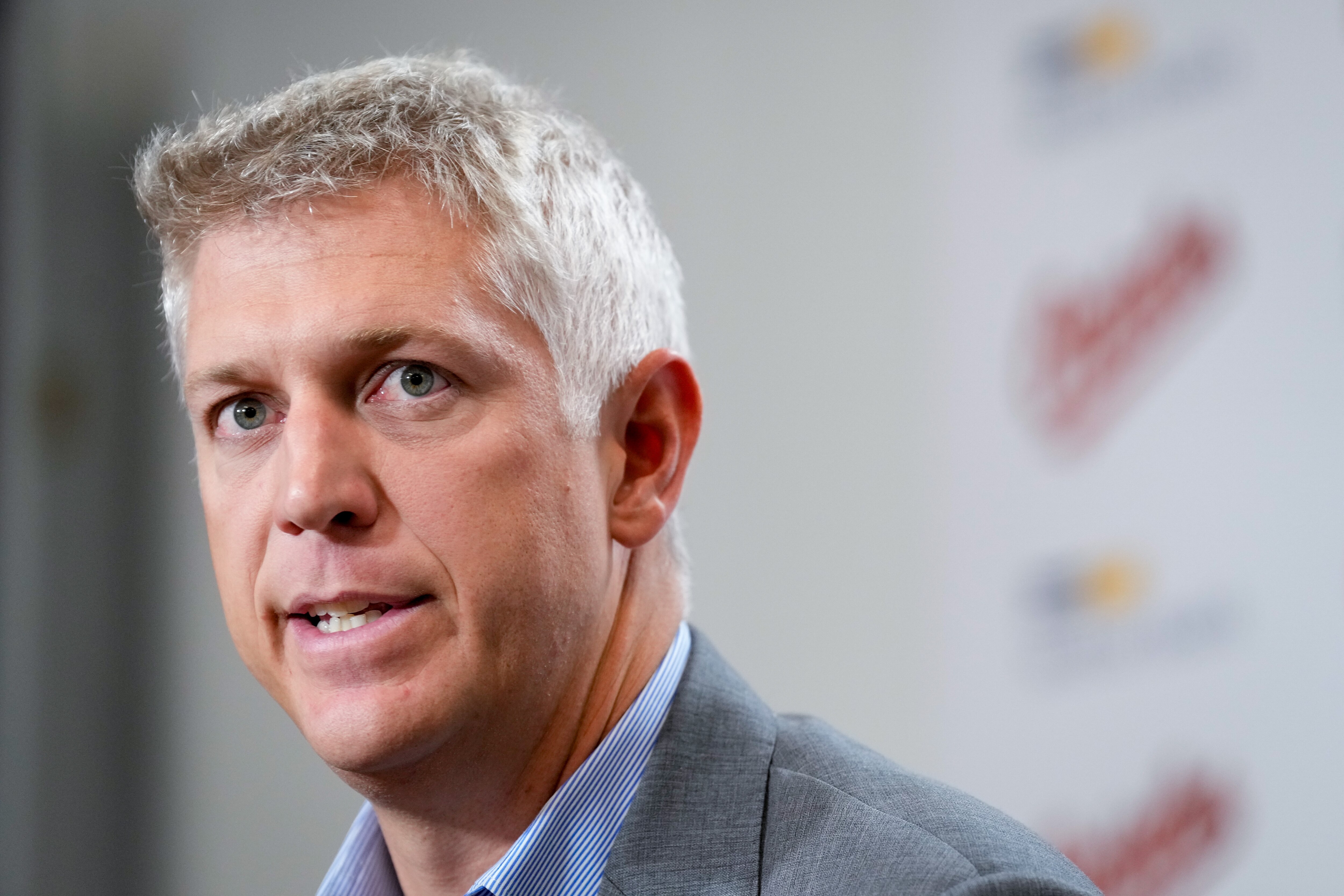 Orioles general manager Mike Elias takes questions from reporters last October.