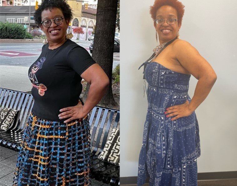 Columnist Leslie Gray Streeter, left, in 2023, and right, in 2024, has lost 20 pounds on her health journey.
