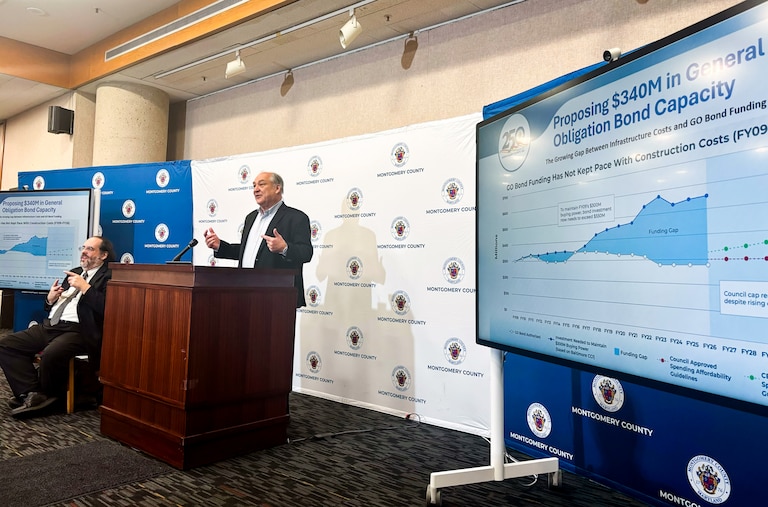 Montgomery County Executive Marc Elrich presents his proposed capital budget and Capital Improvement Program at the executive office building in Rockville on Thursday