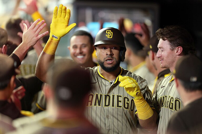 San Diego Padres catcher Elias Díaz celebrates his two-run home run against the Minnesota Twins on Aug. 30.