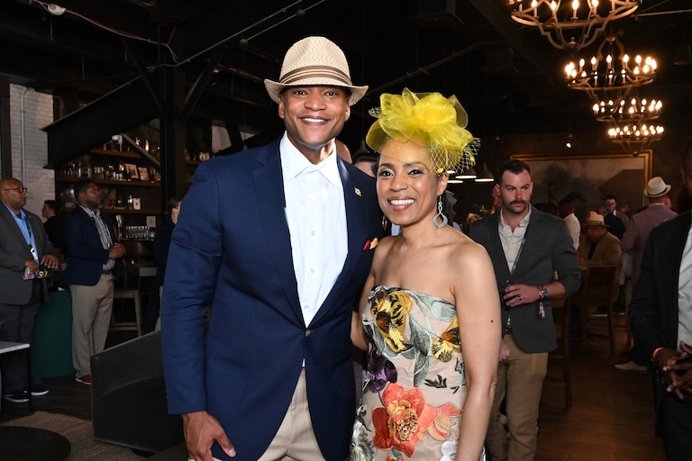 Gov. Wes Moore and U.S. Sen. Angela Alsobrooks at the 151st Preakness at Laurel Park racetrack on Saturday.