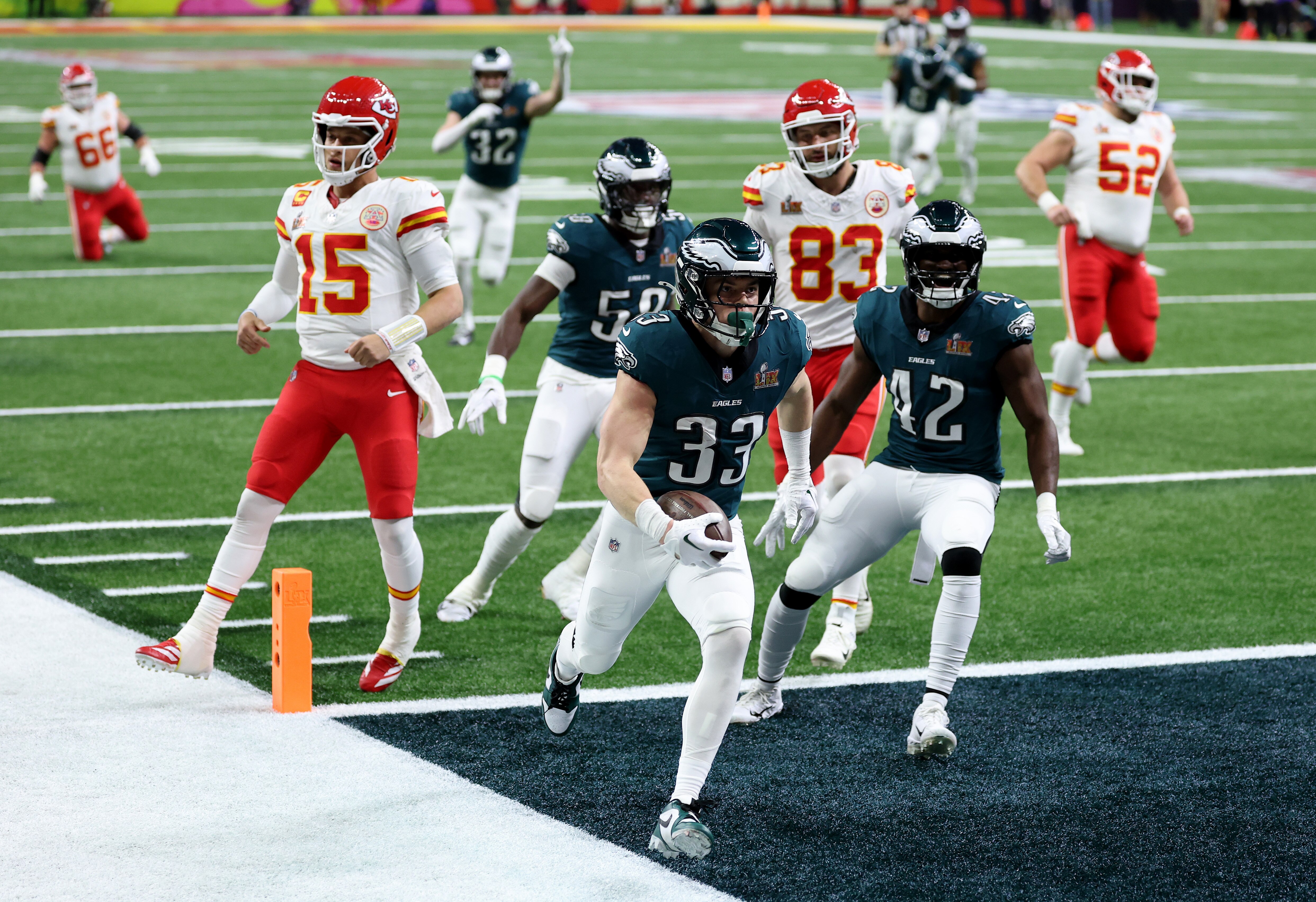 Philadelphia’s Cooper DeJean returns an interception for a touchdown Sunday during the Eagles’ Super Bowl out of the Kansas City Chiefs.
