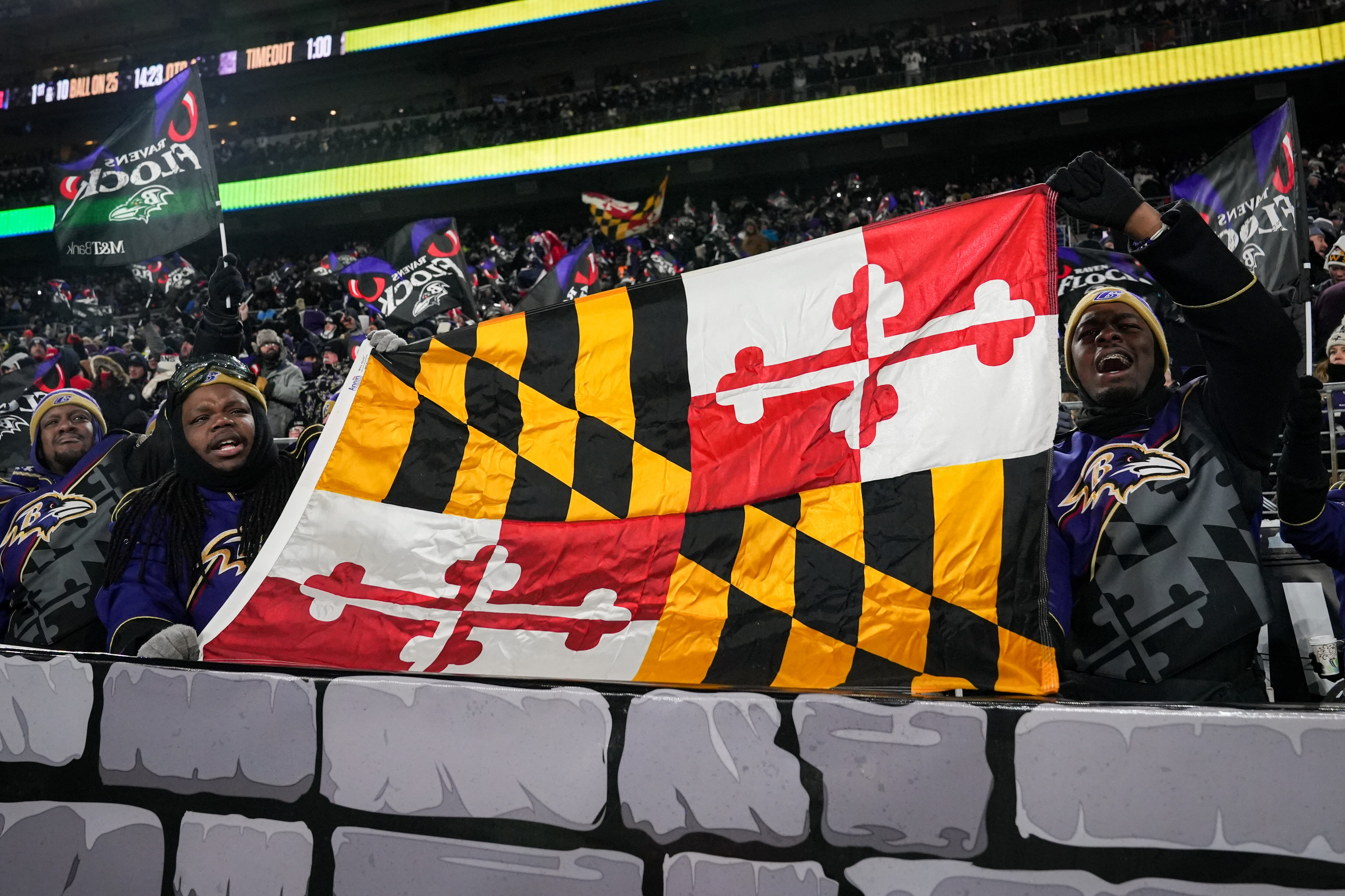 Ravens fans cheer as “Enter Sandman” plays during last week's AFC divisional playoff game against the Texans.