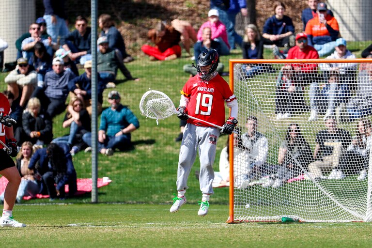 Brian Ruppel (19) plays for the Maryland Terrapins vs. the University of Virginia at Klöckner Stadium in Charlottesville, Virginia, on Saturday, March 18, 2023.
