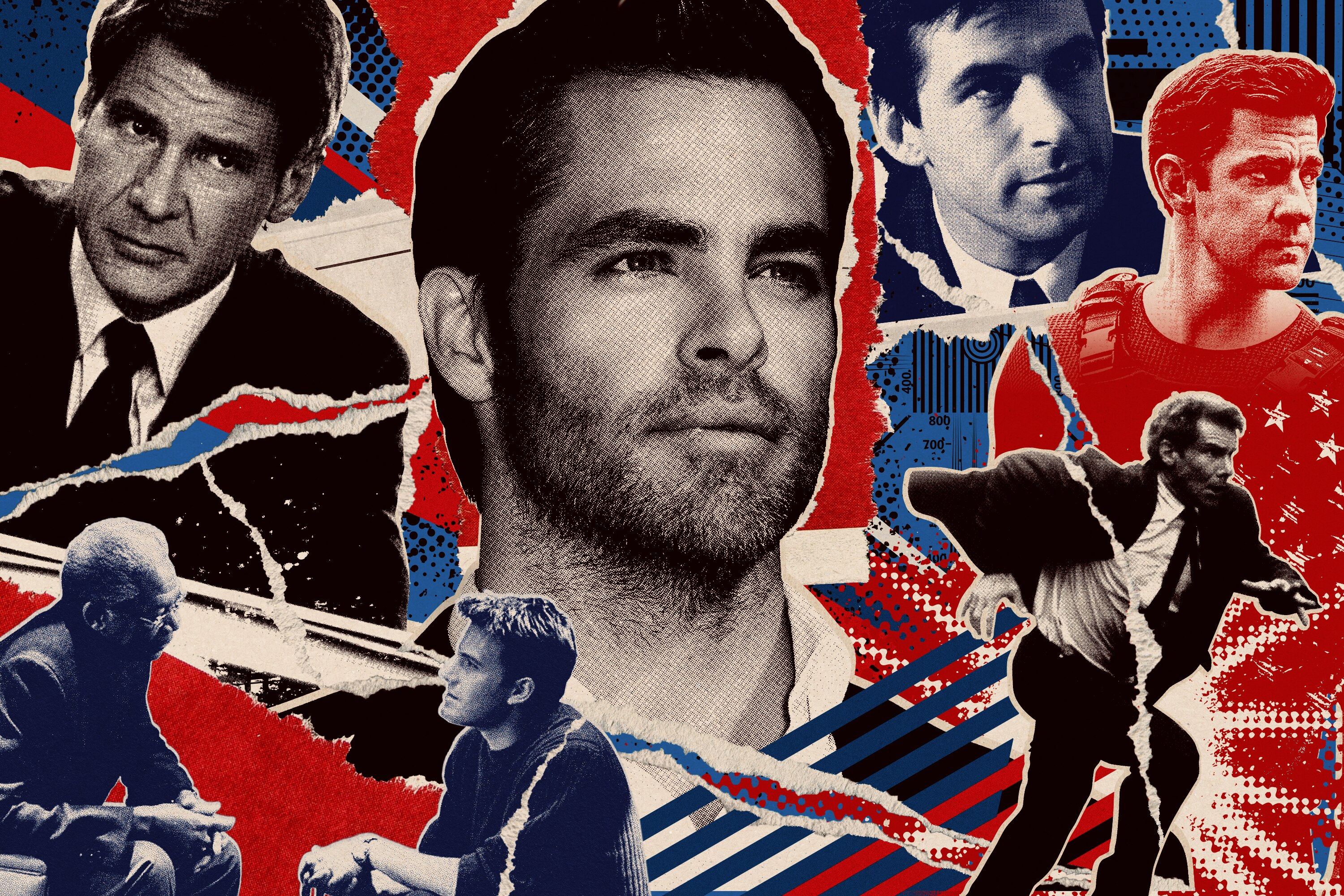 An illustration of Harrison Ford, Alec Baldwin, Ben Affleck, Chris Pine and John Krasinski, all actors who have played the character Jack Ryan.
