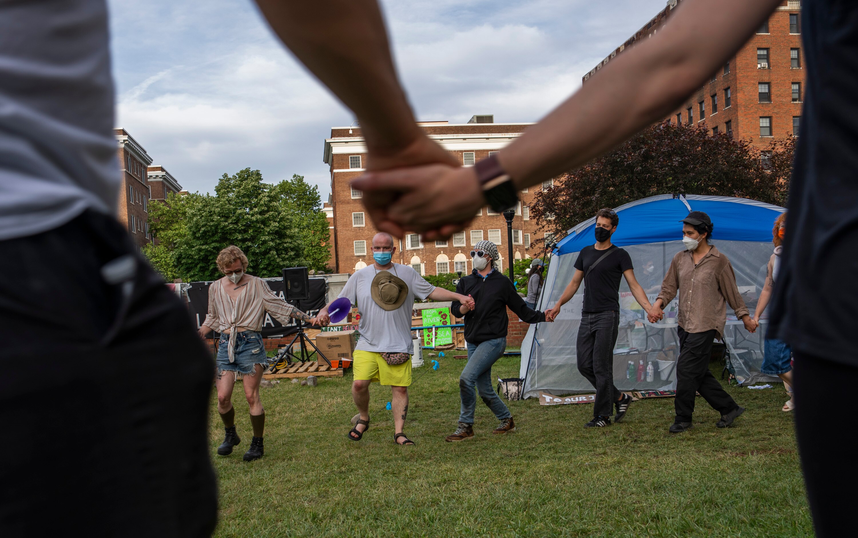 The Johns Hopkins University encampment protesting the war in Gaza is shown on May 8, 2024. Students and protestors danced, painted signs, shared stories and chanted throughout the day.