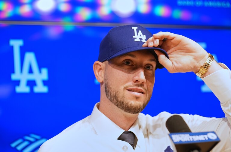 Outfielder Kyle Tucker speaks during a news conference on Jan. 21 after joining the Los Angeles Dodgers.