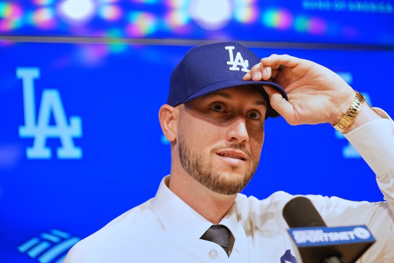 Outfielder Kyle Tucker speaks during a news conference on Jan. 21 after joining the Los Angeles Dodgers.
