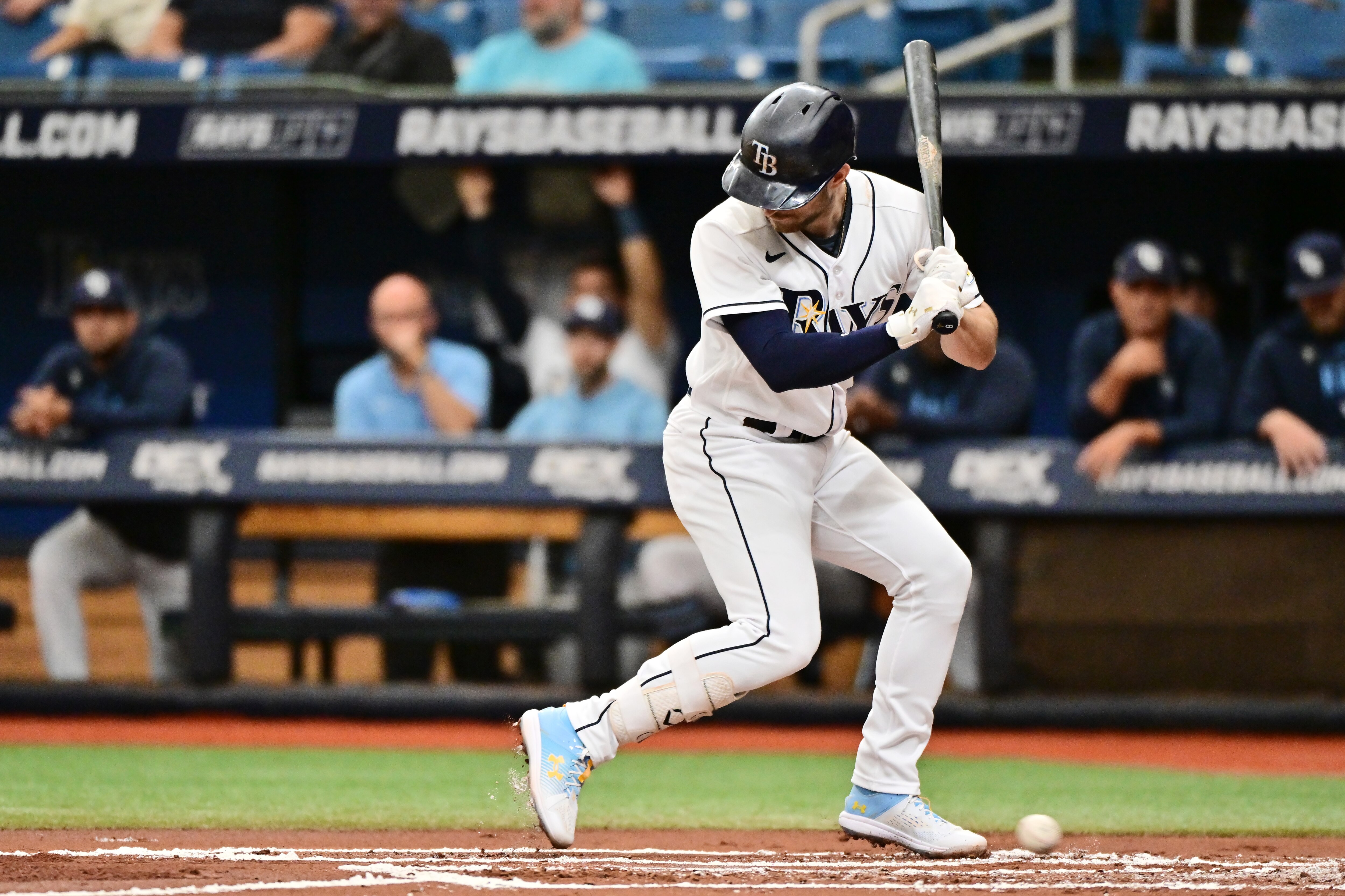 Brandon Lowe of the Rays is hit by a pitch in the first inning of Thursday's game against the Angels.