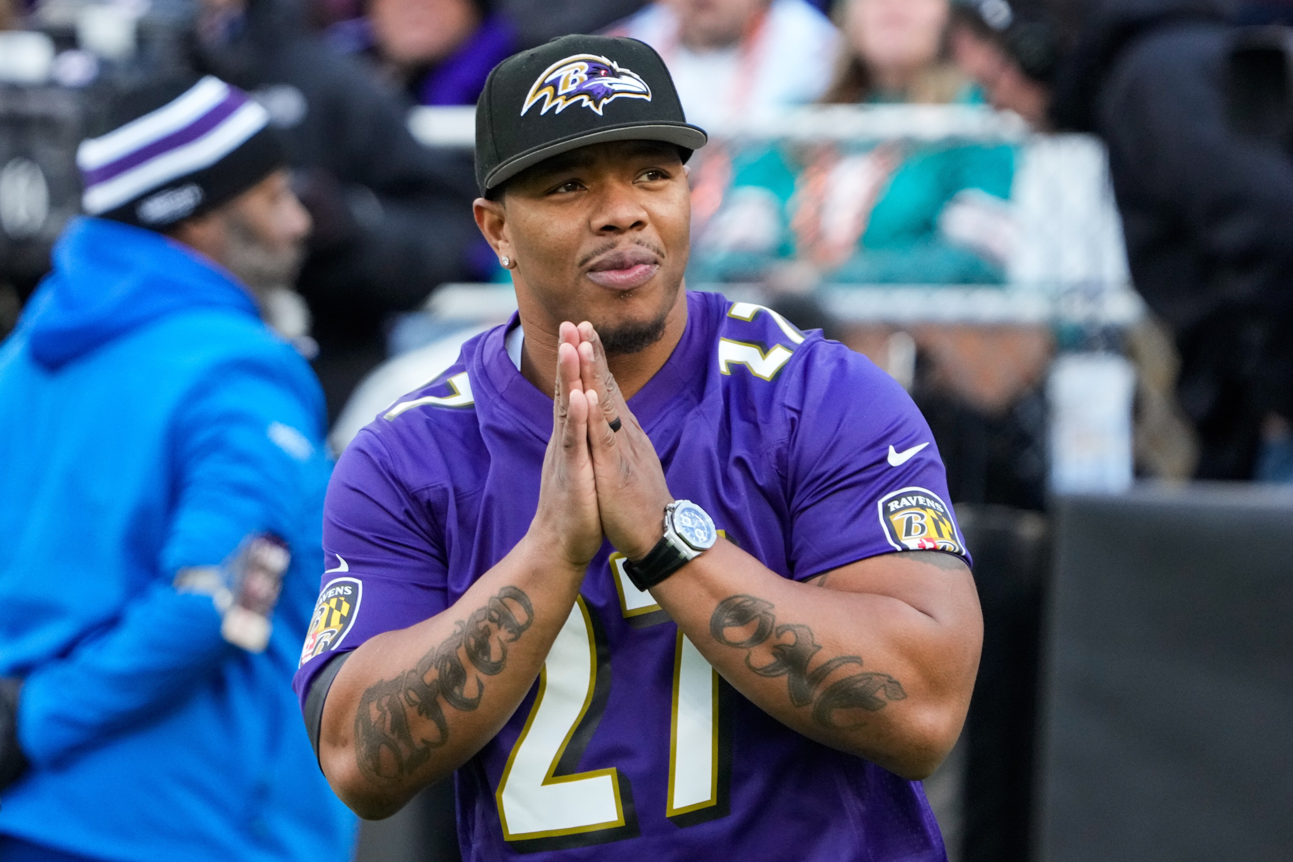 Former Ravens running back Ray Rice is honored before the game against the Miami Dolphins on Sunday in Baltimore.