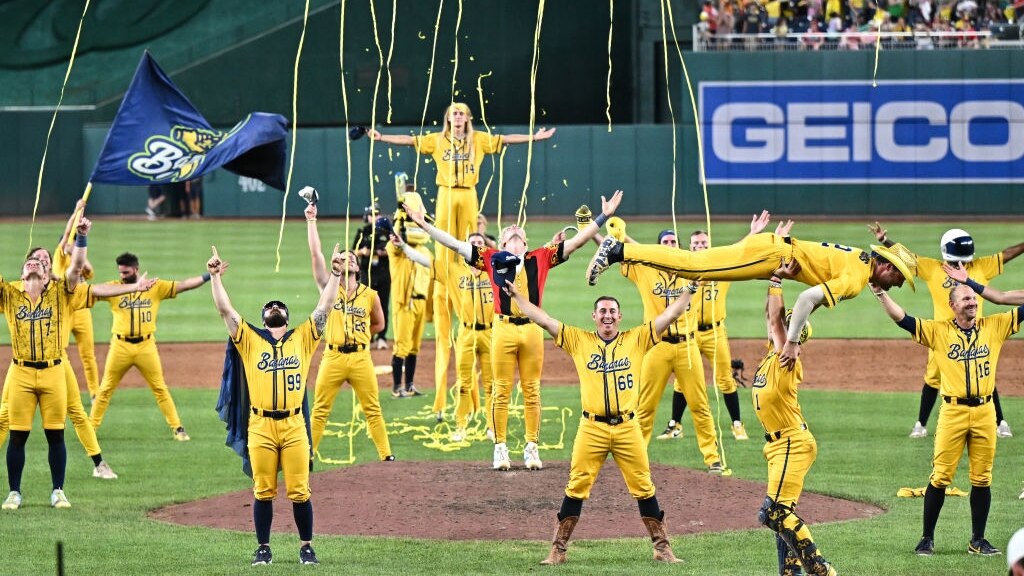 WASHINGTON, DC - JULY 13, 2024: The Savannah Bananas perform after a game against the Firefighters at Nationals Park on July 13, 2024 in Washington, DC. (Photo by Chris Bernacchi/Diamond Images via Getty Images)