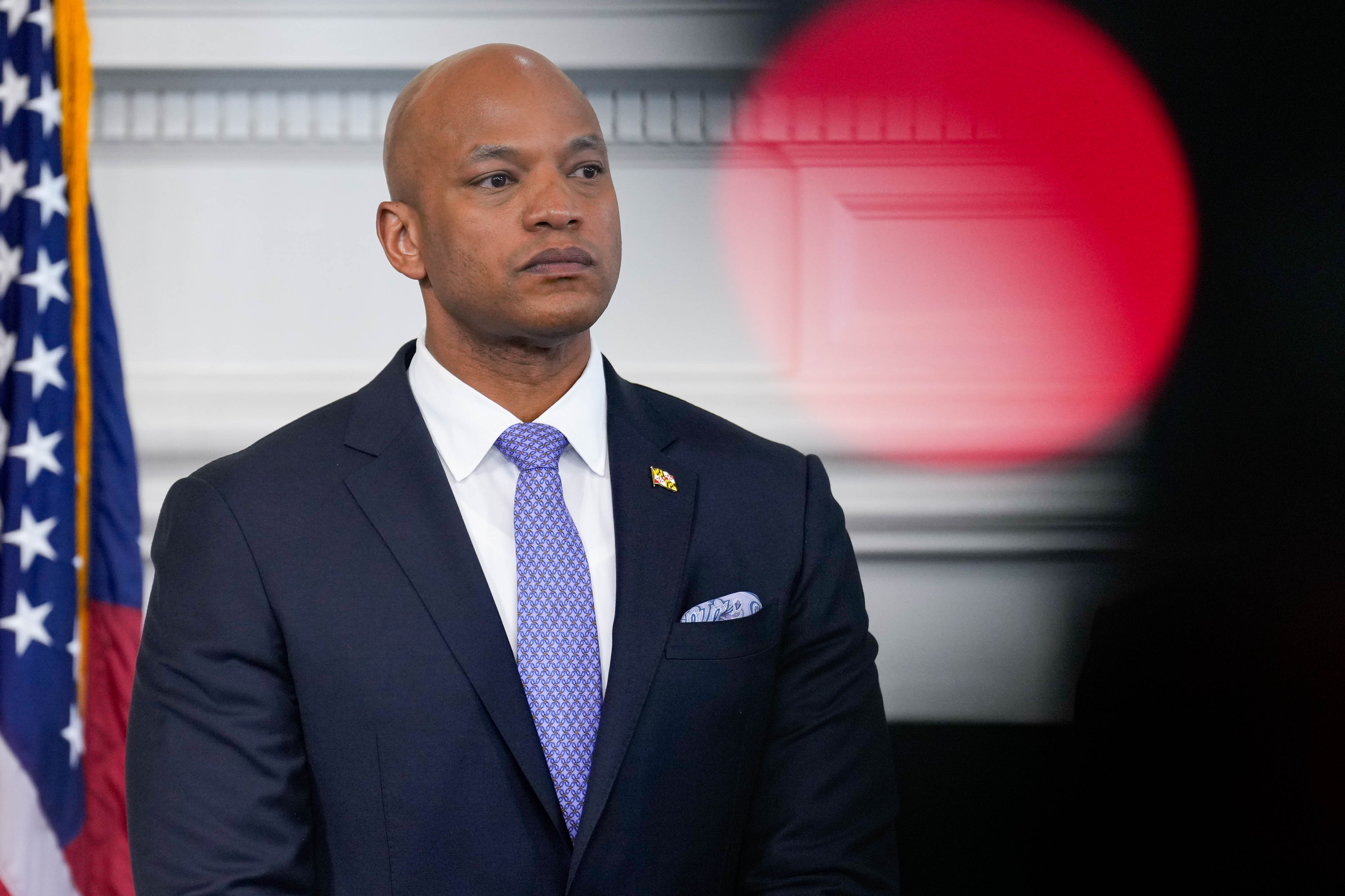 Gov. Wes Moore listens as Attorney General Anthony Brown gives remarks on Maryland’s sweeping audit of police-custody deaths during a news conference at the Maryland State House in Annapolis, Md. on Thursday, May 15, 2025.