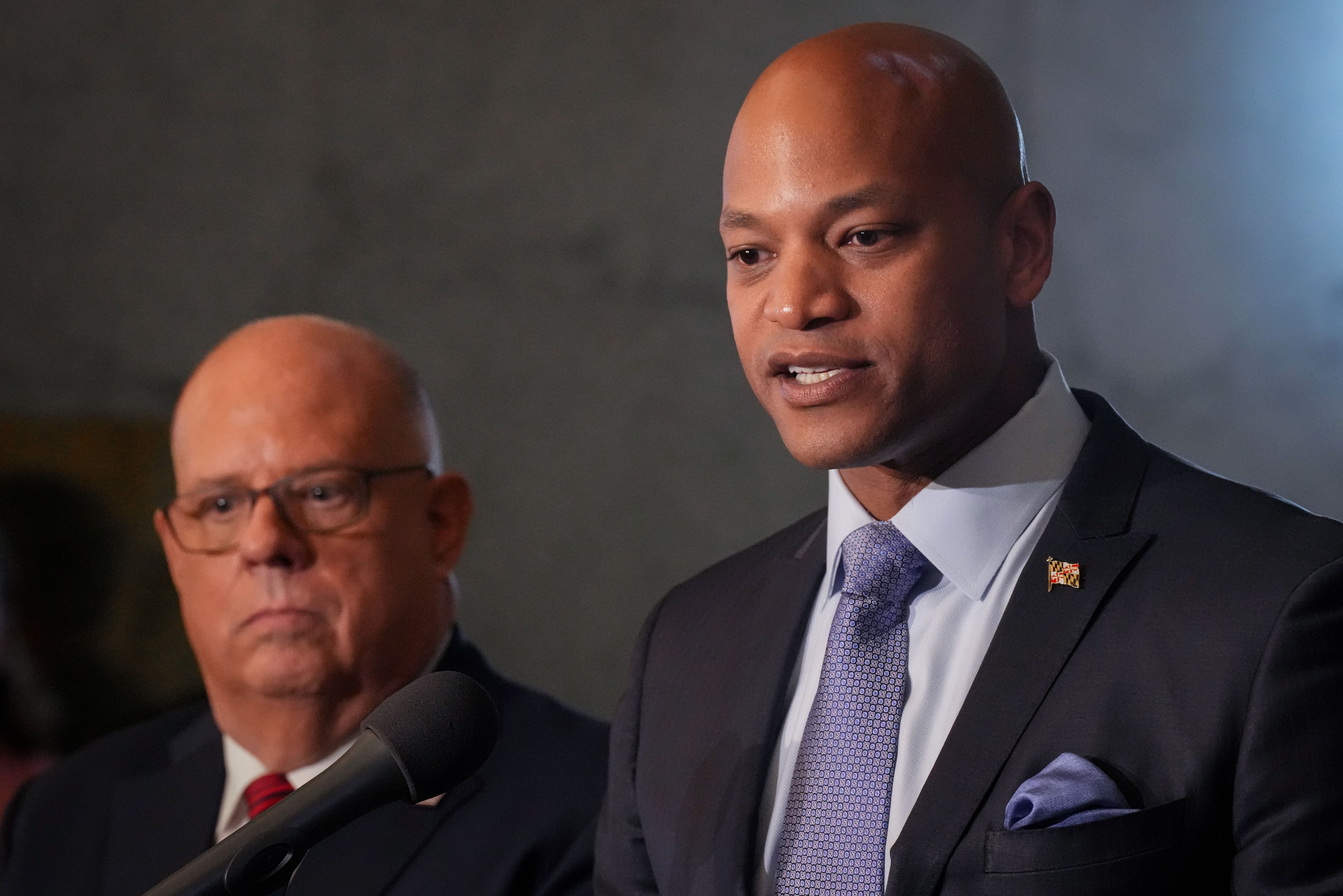 Gov. Larry Hogan, left, and Governor-elect Wes Moore hold a joint press conference at the Maryland State House on 11/10/22 to discuss the upcoming transition of power.