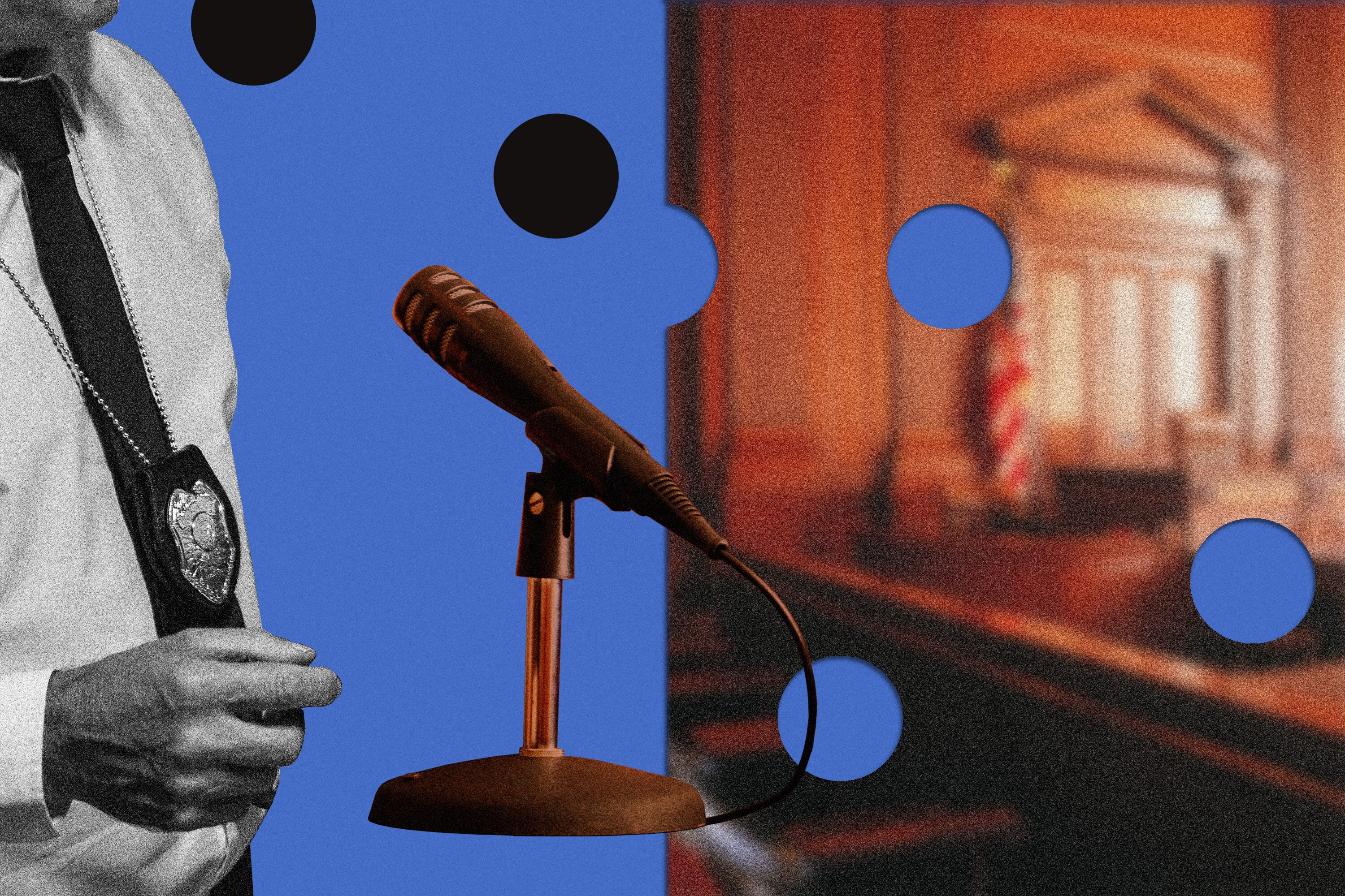 Photo collage showing male detective wearing police badge next to a microphone and blurry image of courtroom broken up by holes.