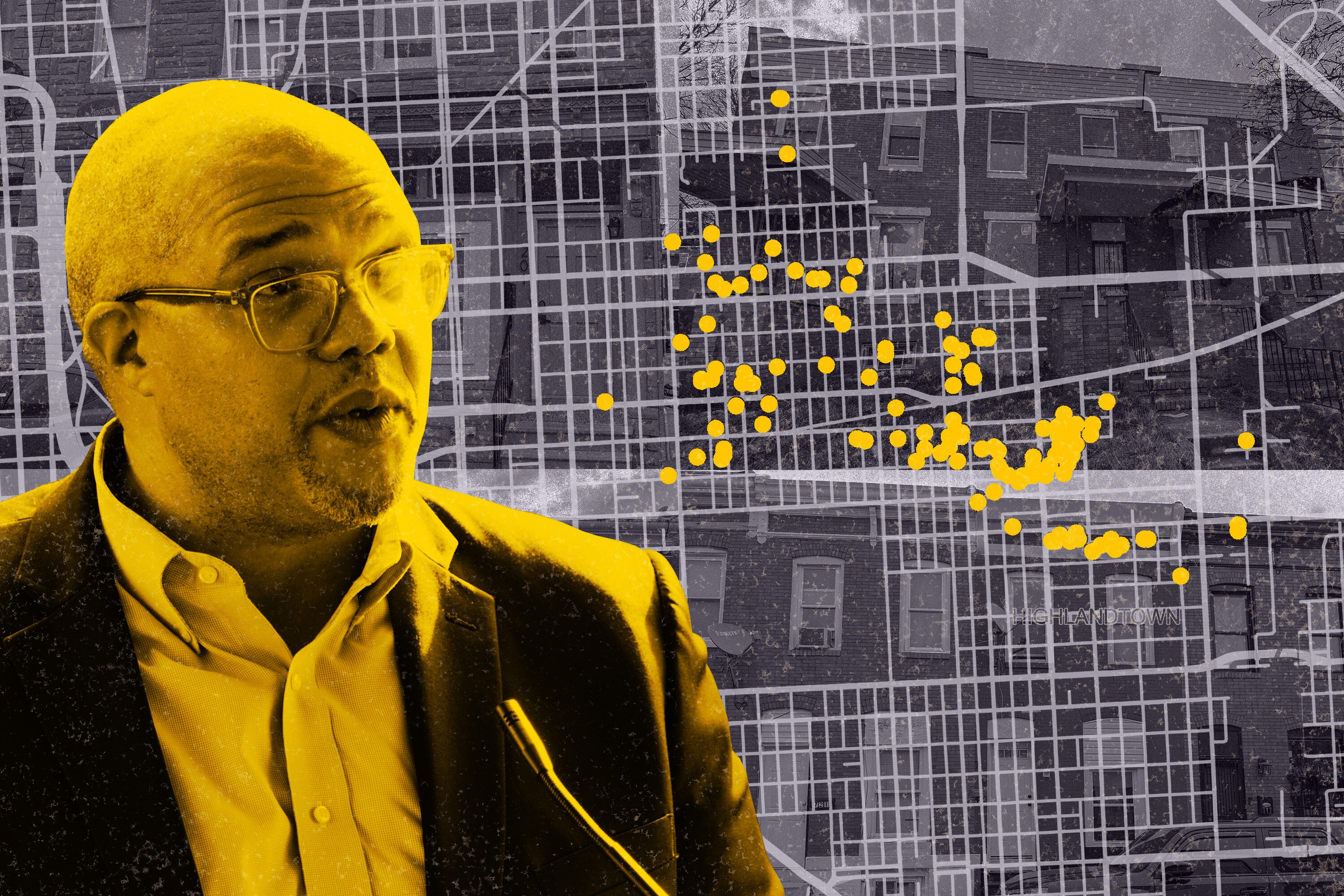 Photo collage shows David Bramble on left, with map of Baltimore and photographs of row houses in background. Many bright yellow circles mark specific locations on the background map.