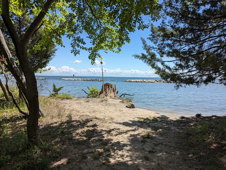 A network of trails through the 400 acres at Beverly Triton Nature Park connect wooded areas, a pond, parking facilities, a pavilion, and a narrow beach on the Chesapeake Bay.