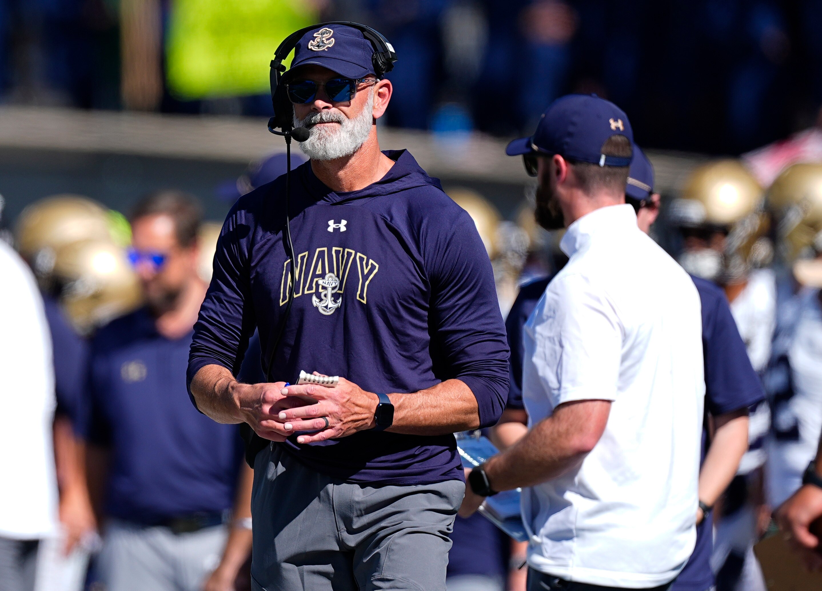 FILE - Navy head coach Brian Newberry in the first half of an NCAA college football game, Oct. 5, 2024, at Air Force Academy, Colo.
