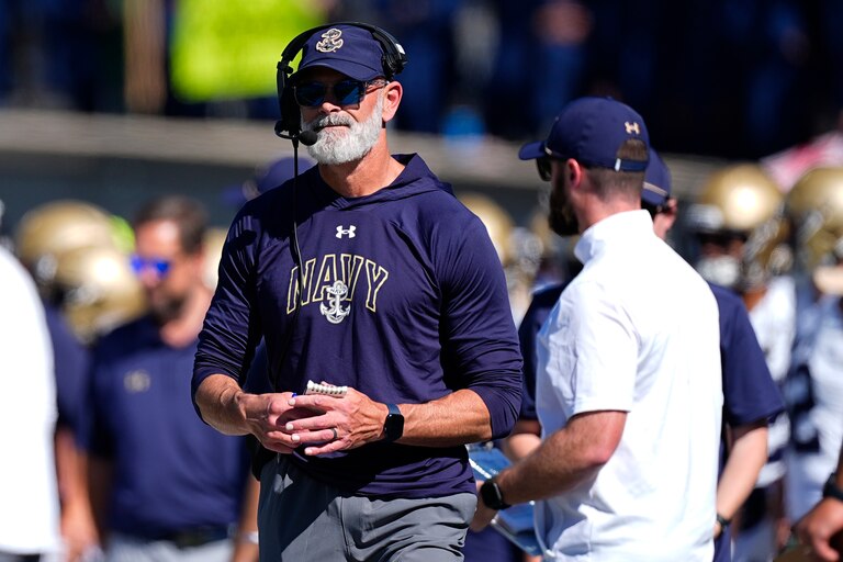 FILE - Navy head coach Brian Newberry in the first half of an NCAA college football game, Oct. 5, 2024, at Air Force Academy, Colo.
