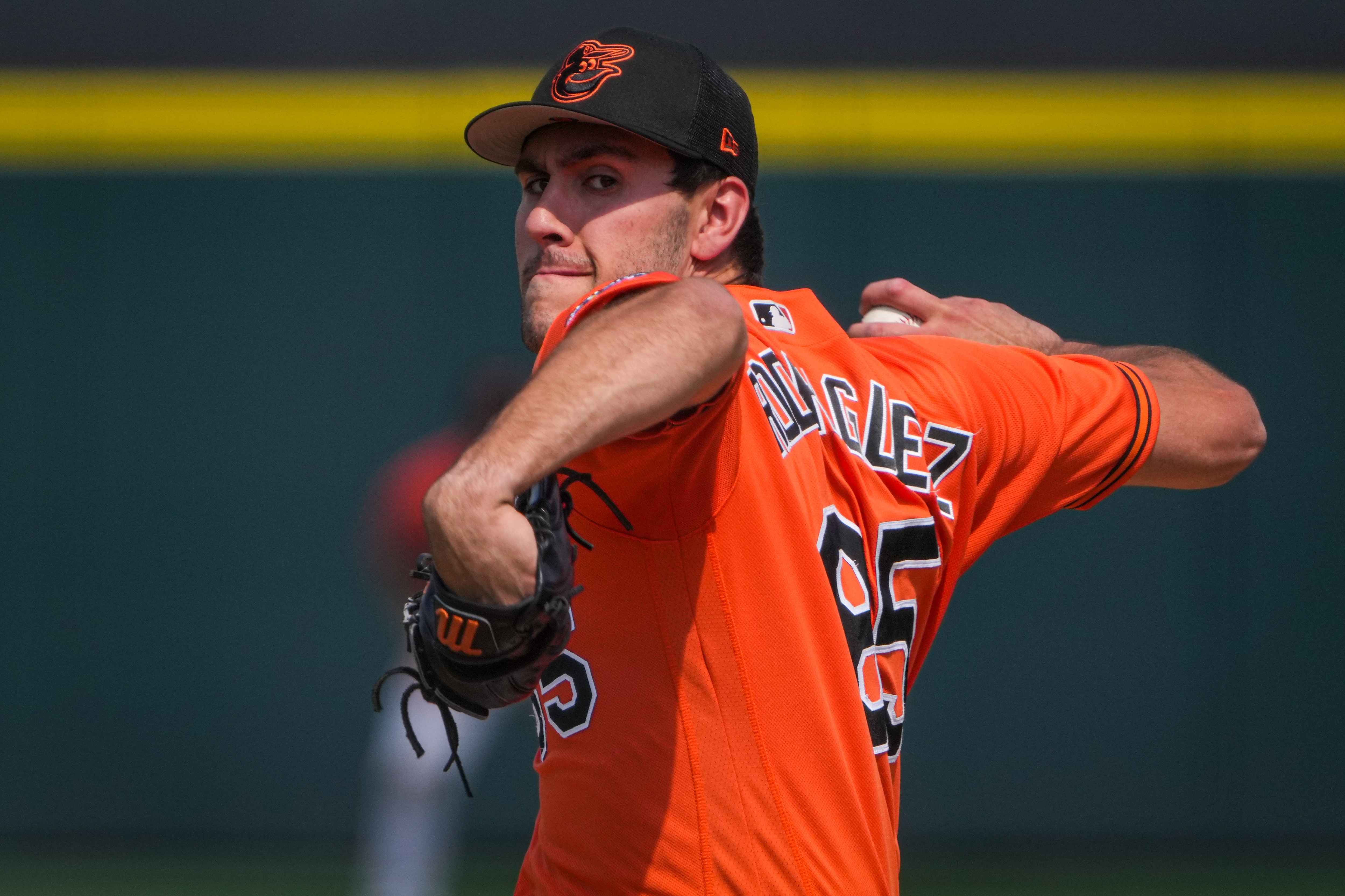 Grayson Rodriguez (85) delivers a pitch at Publix Field at Joker Marchant Stadium in the first inning of a game against the Detroit Tigers on 3/2/23. The Baltimore Orioles traveled to Lakeland to play the Tigers in the Florida Grapefruit League.