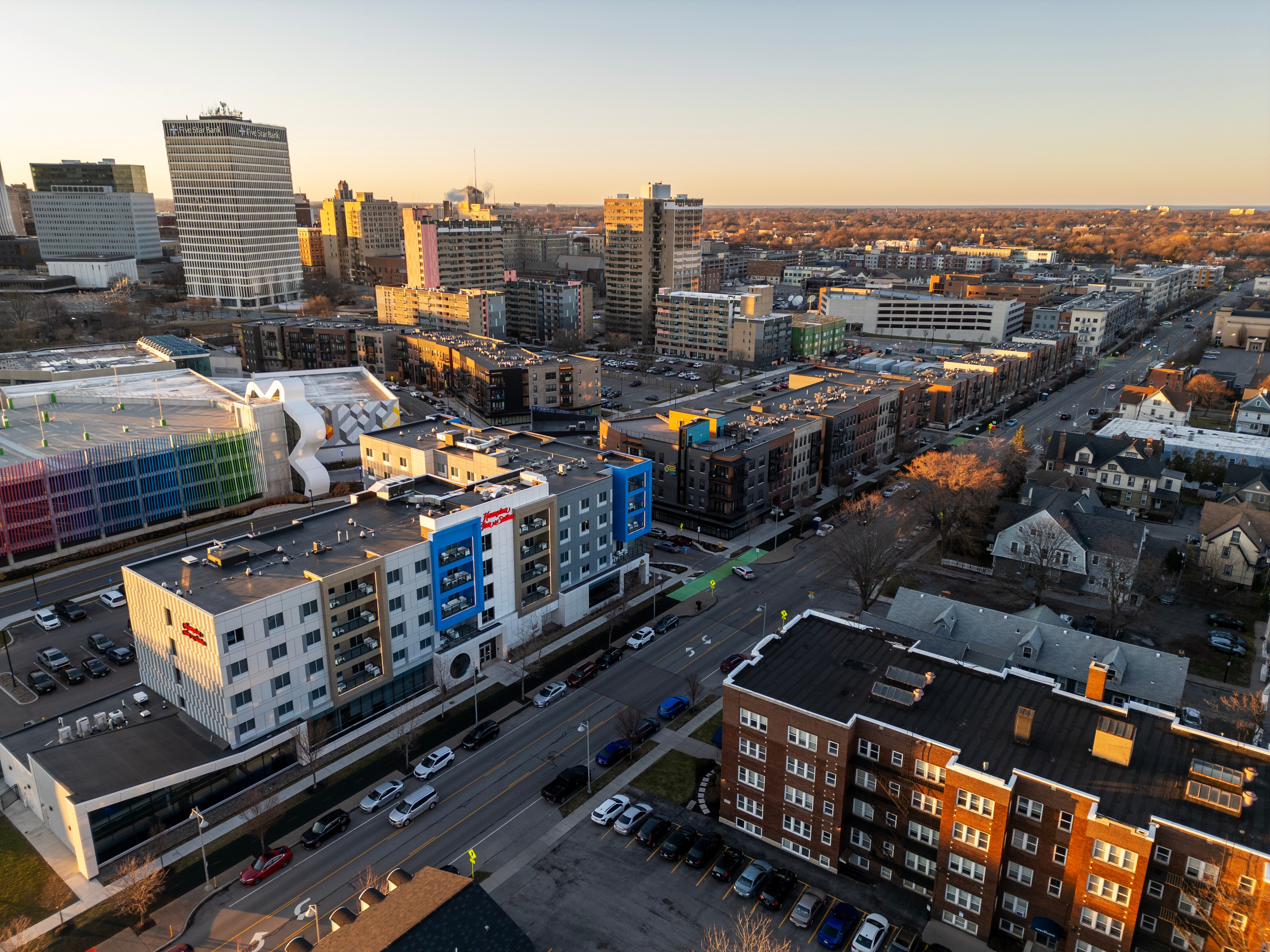 A hotel and mixed-use development fills what once was the eastern portion of Rochester, N.Y.’s Inner Loop East highway.