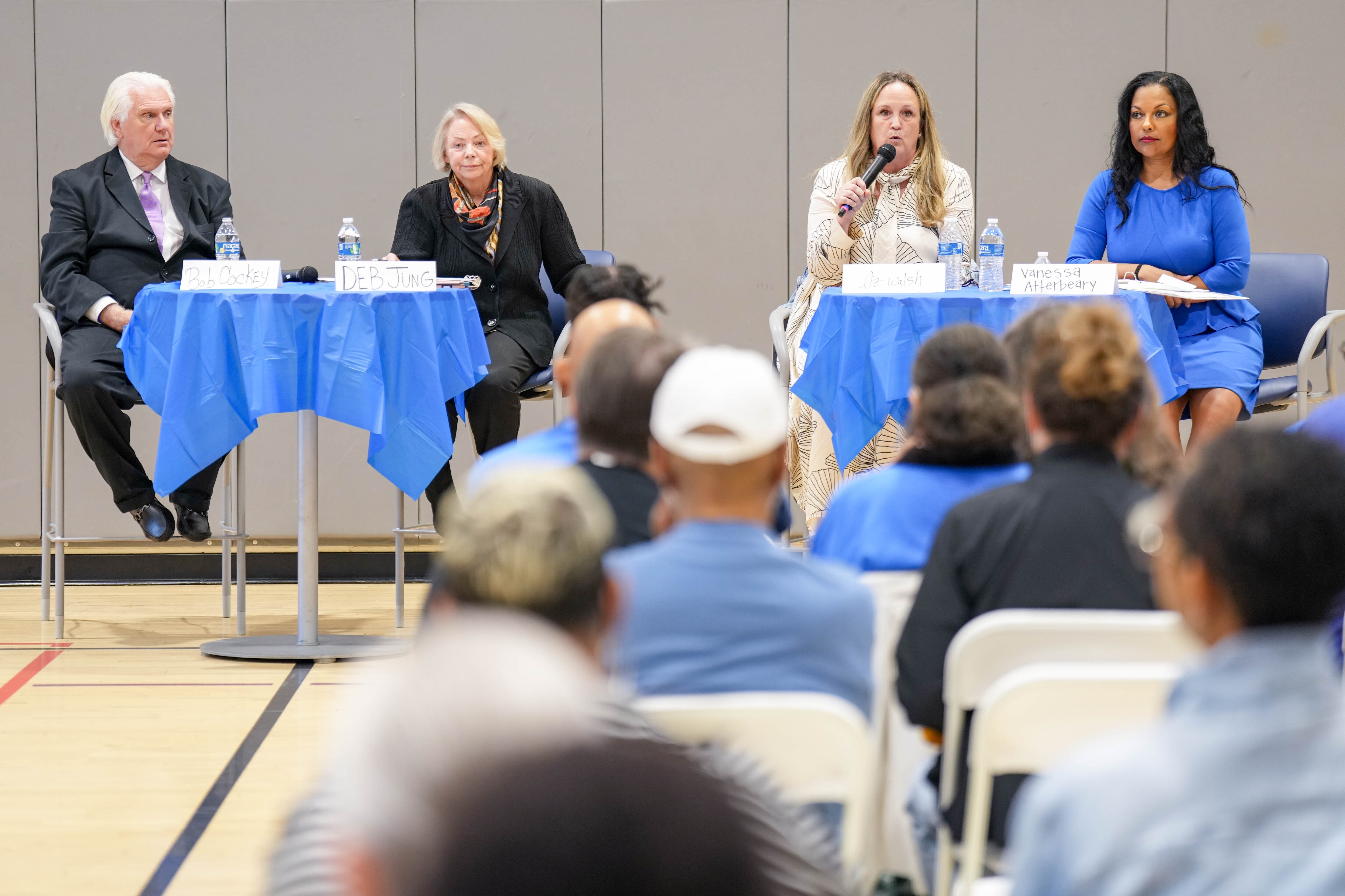 From left, candidates Bob Cockey, County Council members Deb Jung and Liz Walsh, and former state Del. Vanessa Atterbeary participate in a debate for the Howard County executive race in Ellicott City. 