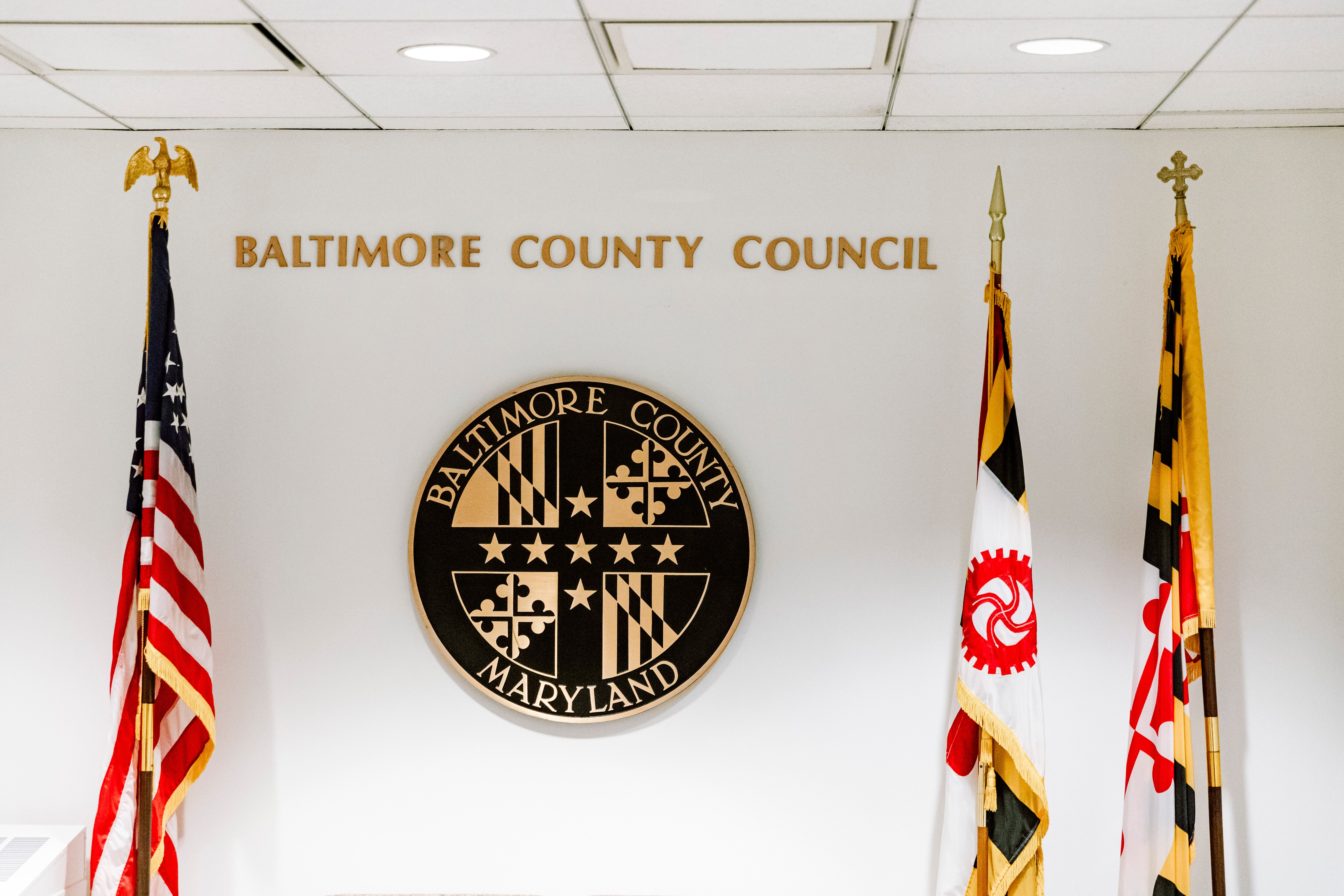 A Baltimore County Council sign hangs in an office inside the Old Courthouse on Tuesday, Sept. 3, 2024 in Towson, MD.