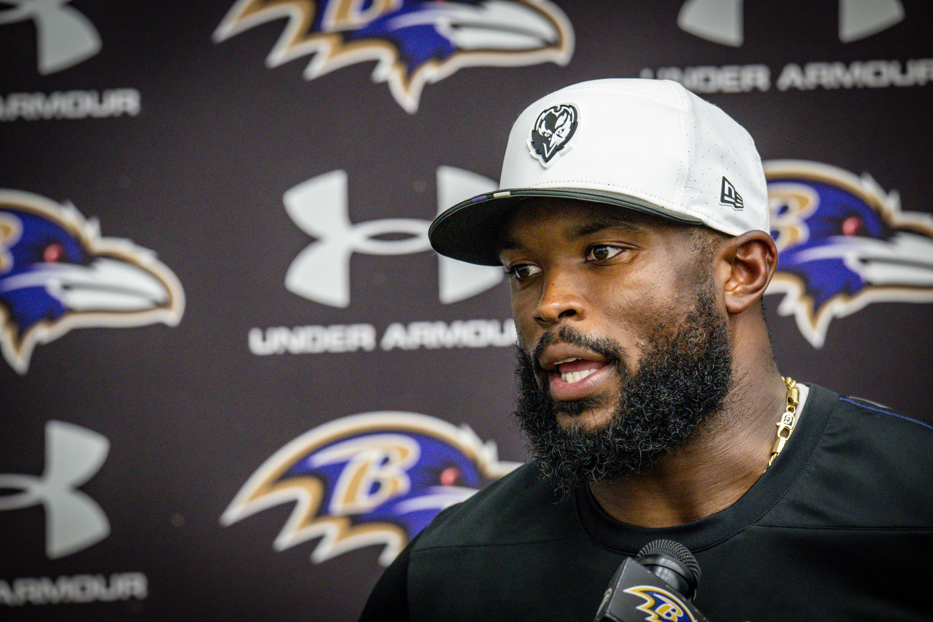 Thursday, July 31, 2025 — Baltimore Ravens defensive coordinator Zach Orr takes questions from reporters following practice at Ravens training camp.