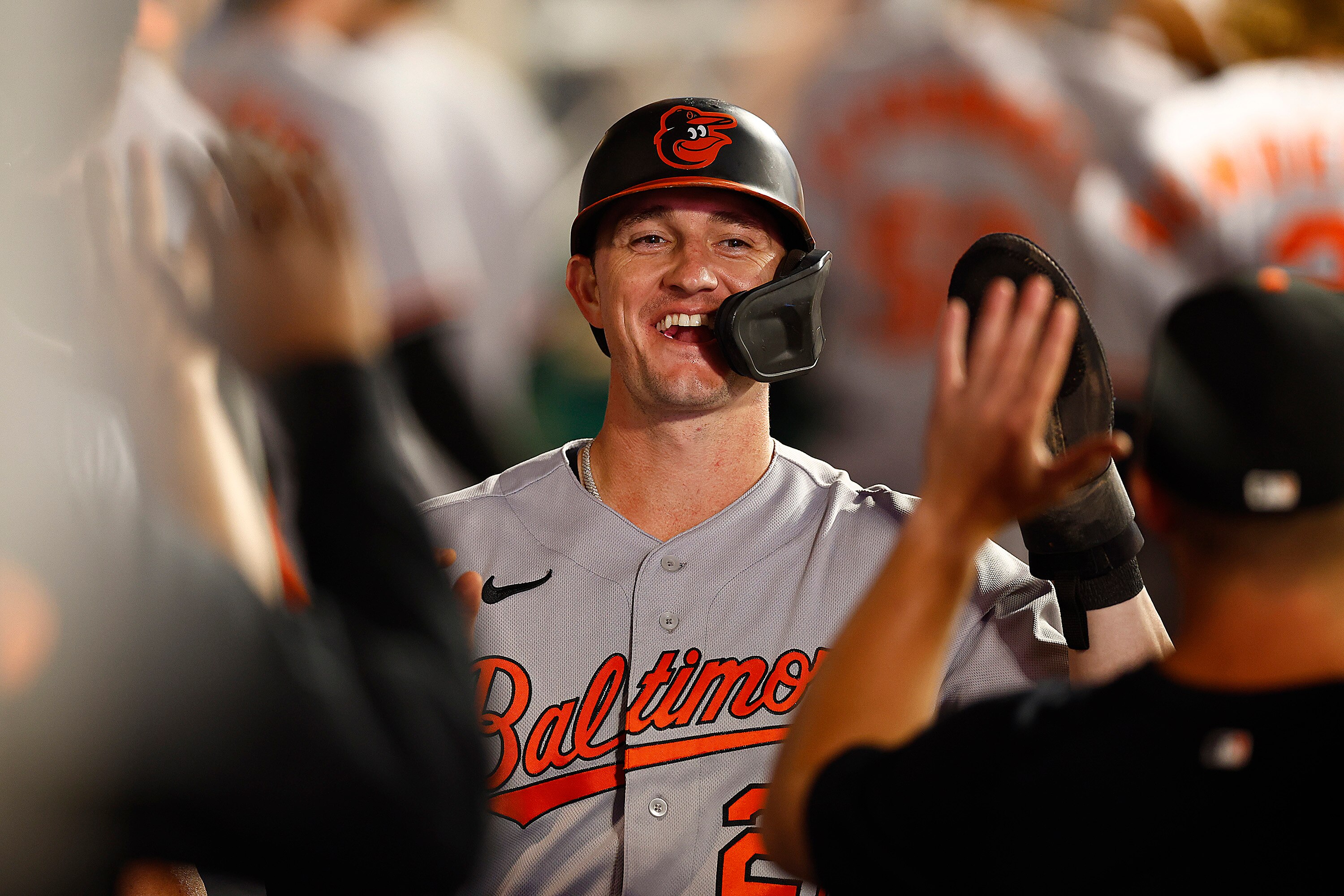 Austin Hays of the Baltimore Orioles celebrates a run against the Los Angeles Angels in the third inning at Angel Stadium of Anaheim on September 06, 2023 in Anaheim, California.