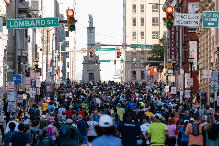 Half Marathon Runners take off up Calvert Street during the Baltimore Running Festival on October 19th, 2024 in Baltimore, MD. Eric Thompson for The Baltimore Banner.