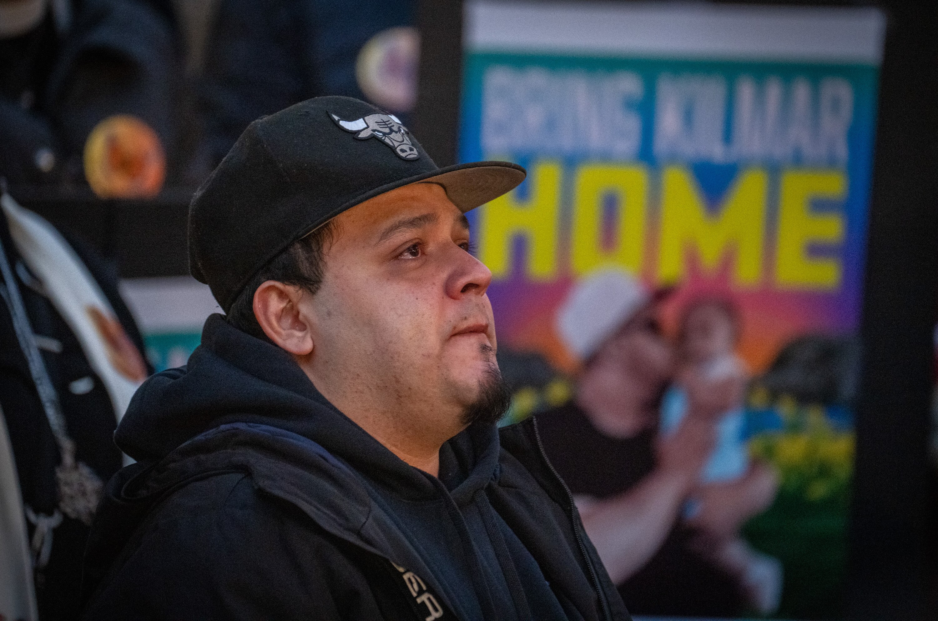 Kilmar Ábrego García listens to speakers at a rally on his behalf outside the George H. Fallon Federal Building in downtown Baltimore after being released from detention in Pennsylvania.