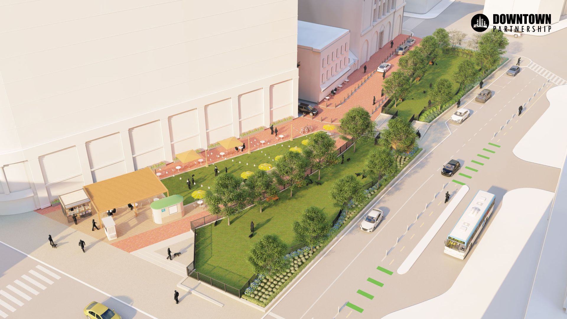 Digital renderings from the Downtown Partnership of Baltimore show potential plans for Liberty Dog Run across the street from CFG Bank Arena.