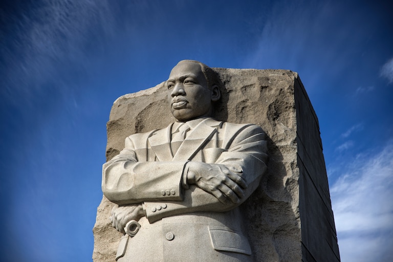 WASHINGTON, DC - JANUARY 12: The Martin Luther King Jr. and Washington Monuments are seen ahead of a wreath laying ceremony at the Martin Luther King Jr. Memorial on January 12, 2024 in Washington, DC. The ceremony is being held ahead of Martin Luther King Jr. Day on Monday, January 15, 2024, to honor the civil rights leader on the anniversary of his birthday. (Photo by Samuel Corum/Getty Images)