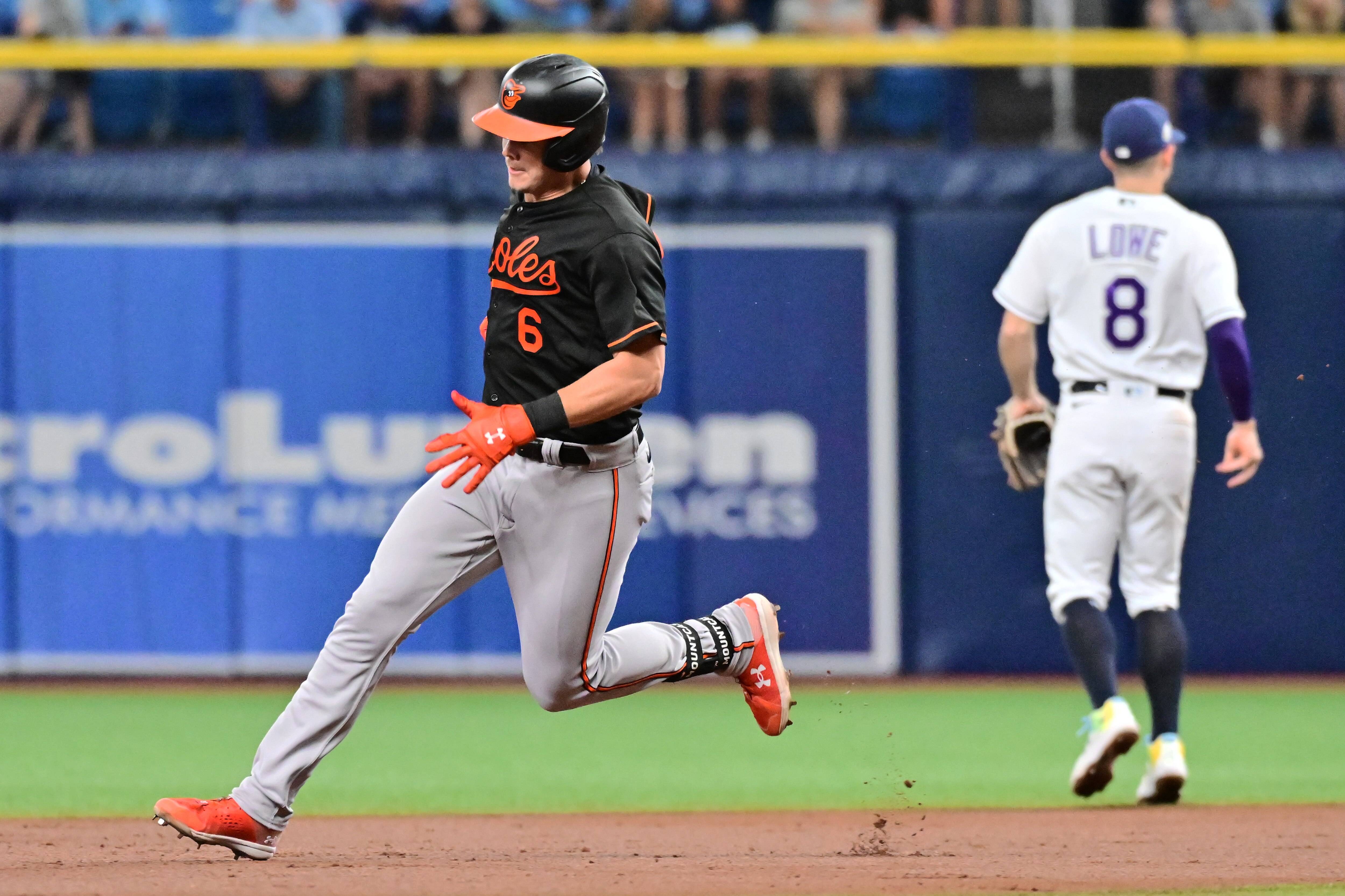 Ryan Mountcastle doubles in the second inning for one of the Orioles' two hits during Friday night's 3-0 loss to the Rays.