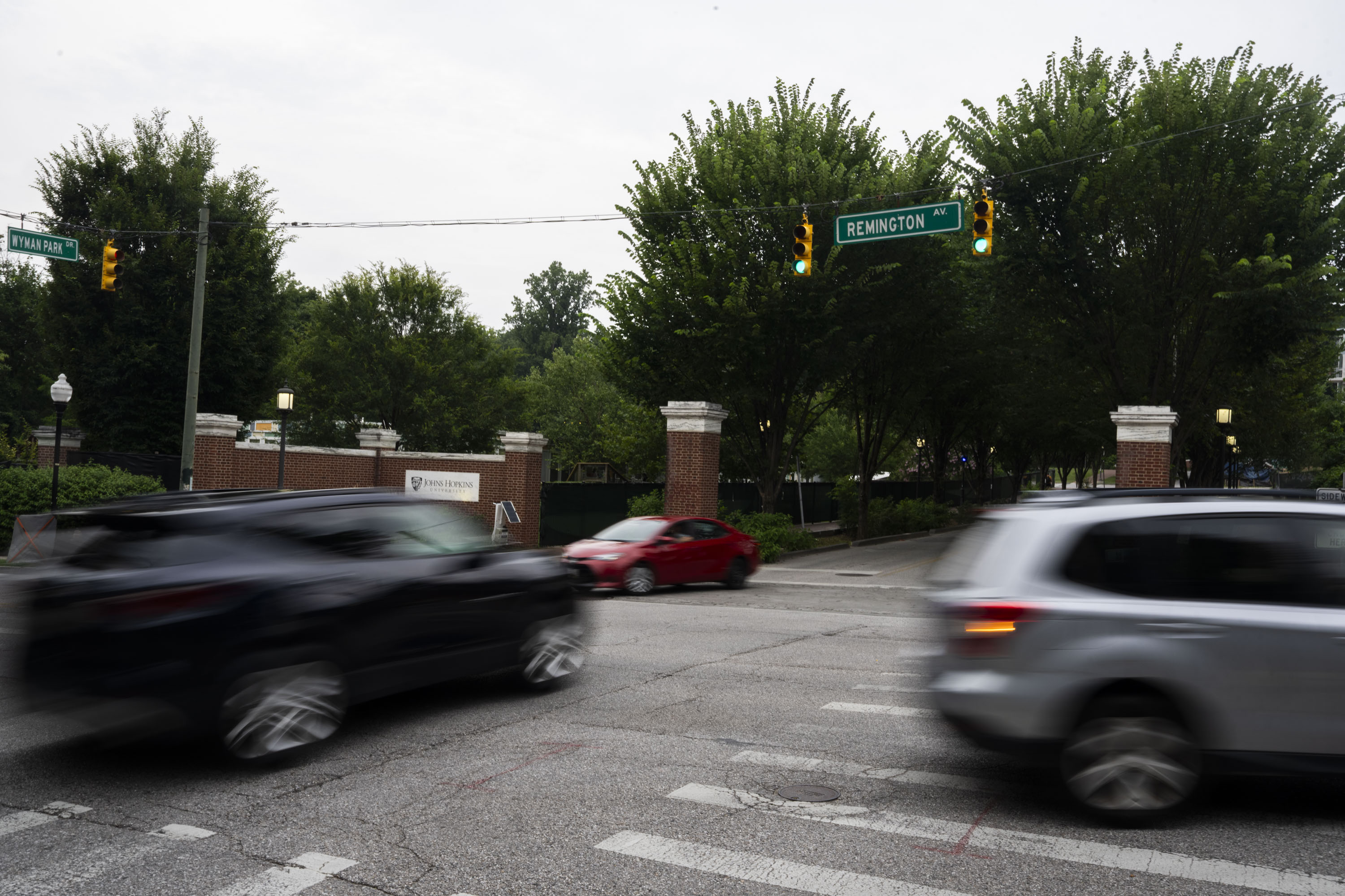 The corner of Remington Avenue and Wyman Park Drive on August 5, 2025. Residents have been actively protesting the tree removal that comes with JHU construction at this intersection.