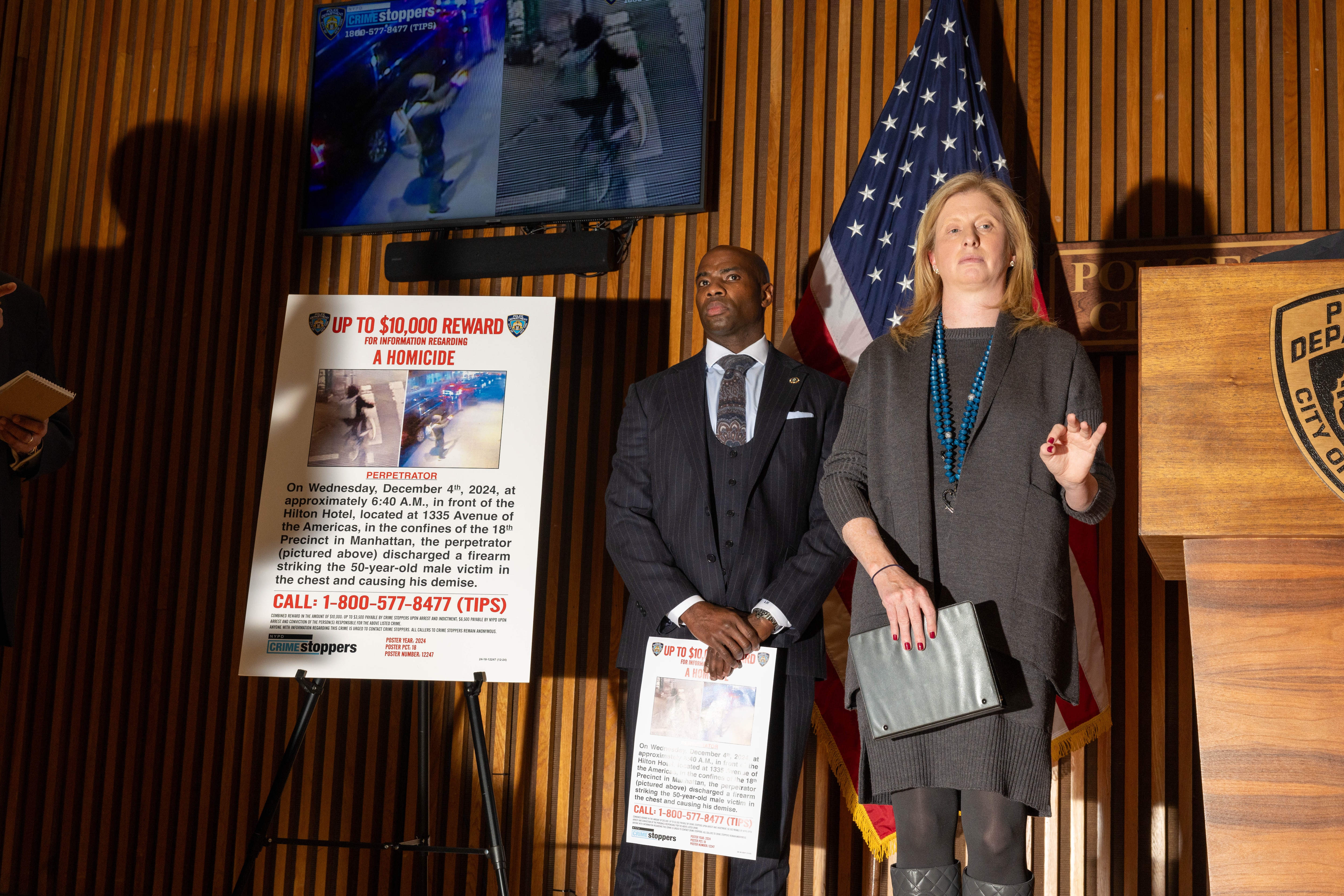 NEW YORK, NEW YORK - DECEMBER 4: New York City Police Commissioner Jessica Tisch (R) participates in a press conference regarding what homicide authorities believe was a targeted attack on United Healthcare CEO Brian Thompson at One Police Plaza on December 4, 2024, in New York City.  Thompson was shot before 7:00am this morning before he was to attend the company's annual investors meeting.