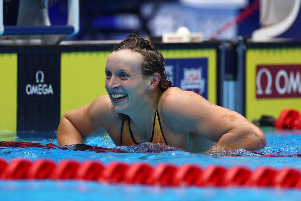 Katie Ledecky of the United States reacts after the women’s 200m freestyle final on day three of the 2024 U.S. Olympic team swimming trials at Lucas Oil Stadium on June 17, 2024 in Indianapolis, Indiana. (Photo by Sarah Stier/Getty Images)