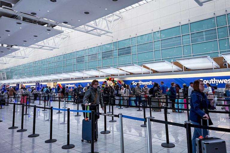 The line to check bags at Southwest at Baltimore-Washington International Thurgood Marshall Airport.