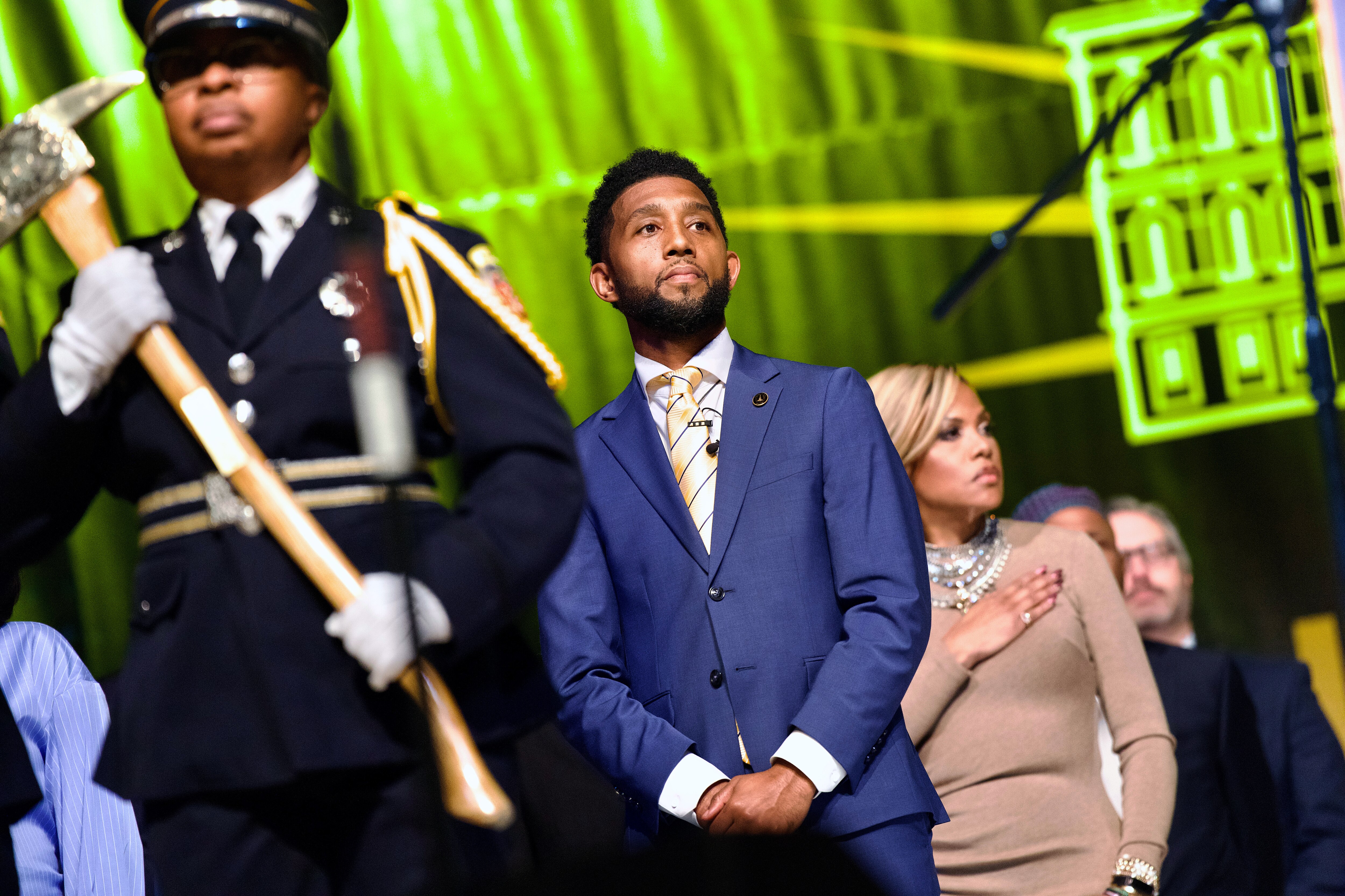 Mayor Brandon Scott takes the stage at his Inauguration ceremony at the Murphy Fine Arts Center at Morgan State University.