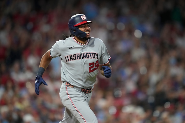 Washington Nationals' James Wood runs during Monday night's game against the Philadelphia Phillies.