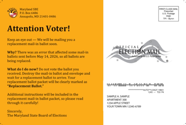 The post card the Maryland Board of Elections is sending to every voter affected by the mailing ballot mixup.