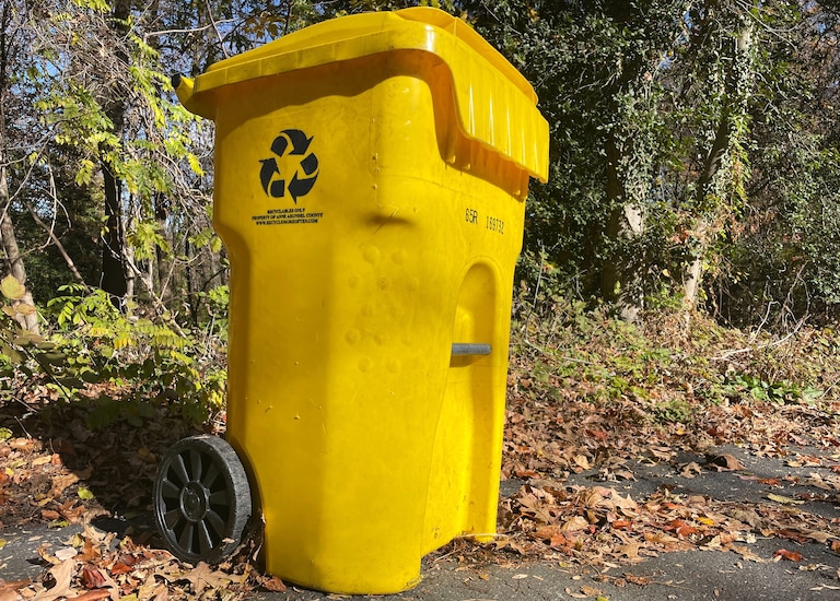 Anne Arundel County's Department of Public Works provides yellow recycling bins to customers.