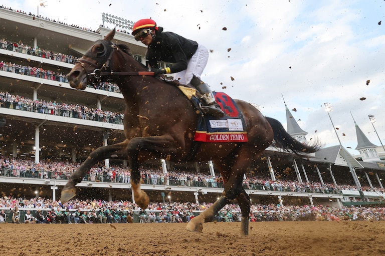 Golden Tempo #19, ridden by jockey Jose Ortiz, heads into the first turn the 152nd running of the Kentucky Derby at Churchill Downs on May 02, 2026 in Louisville, Kentucky.