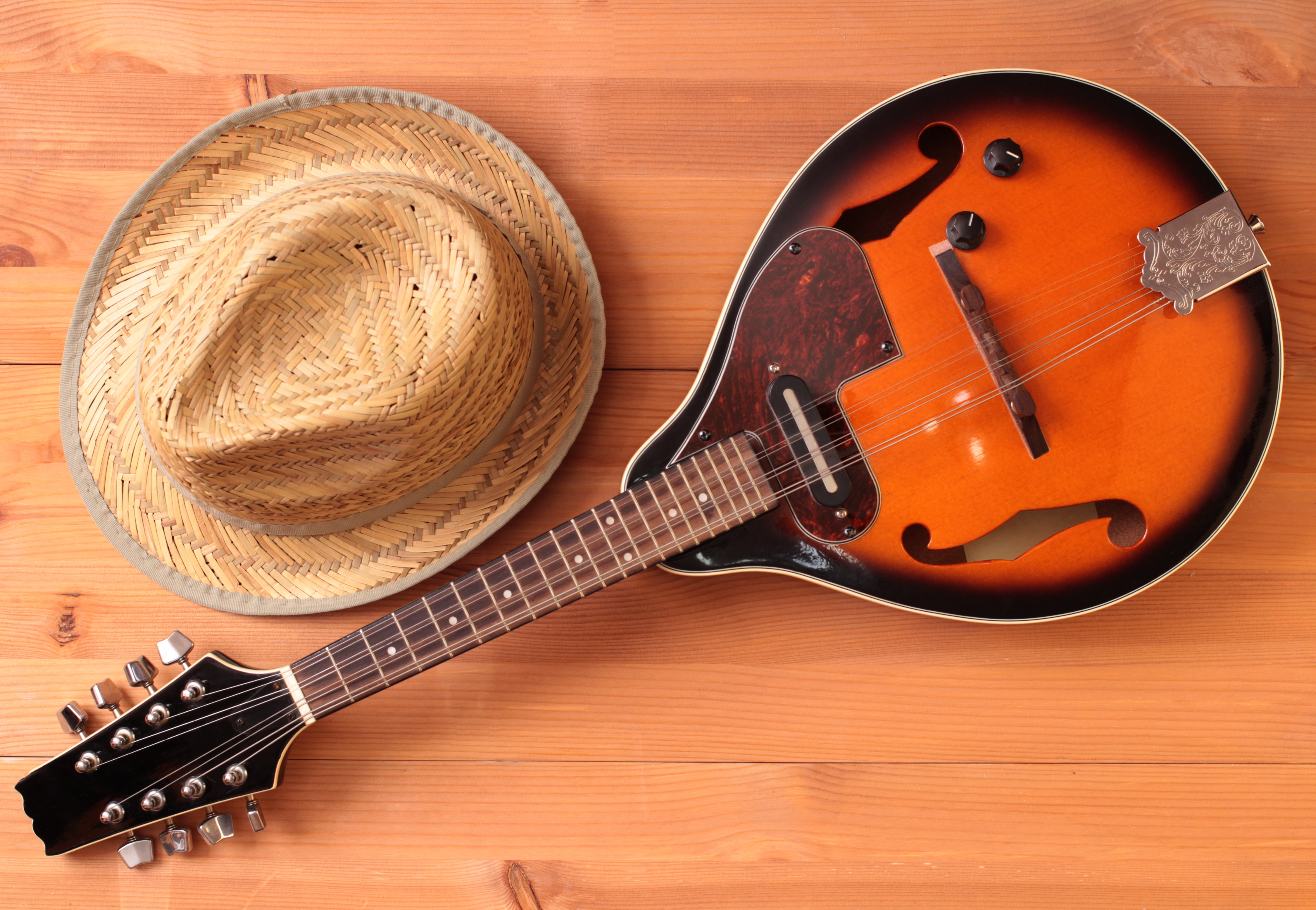 Vintage country mandolin on wooden background