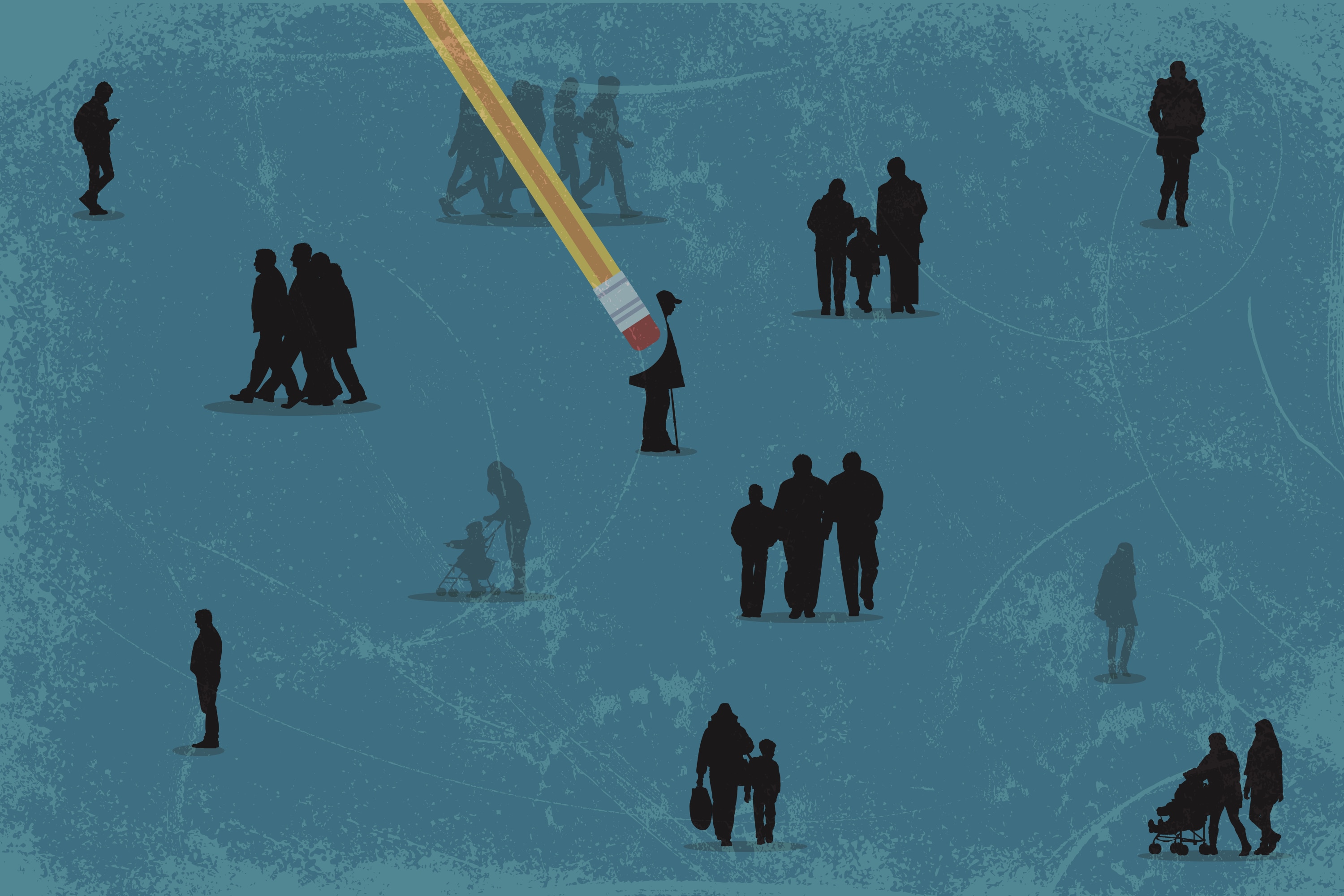An illustration showing groups of people in various forms of daily life, some are disappearing, one in the center is being erased.