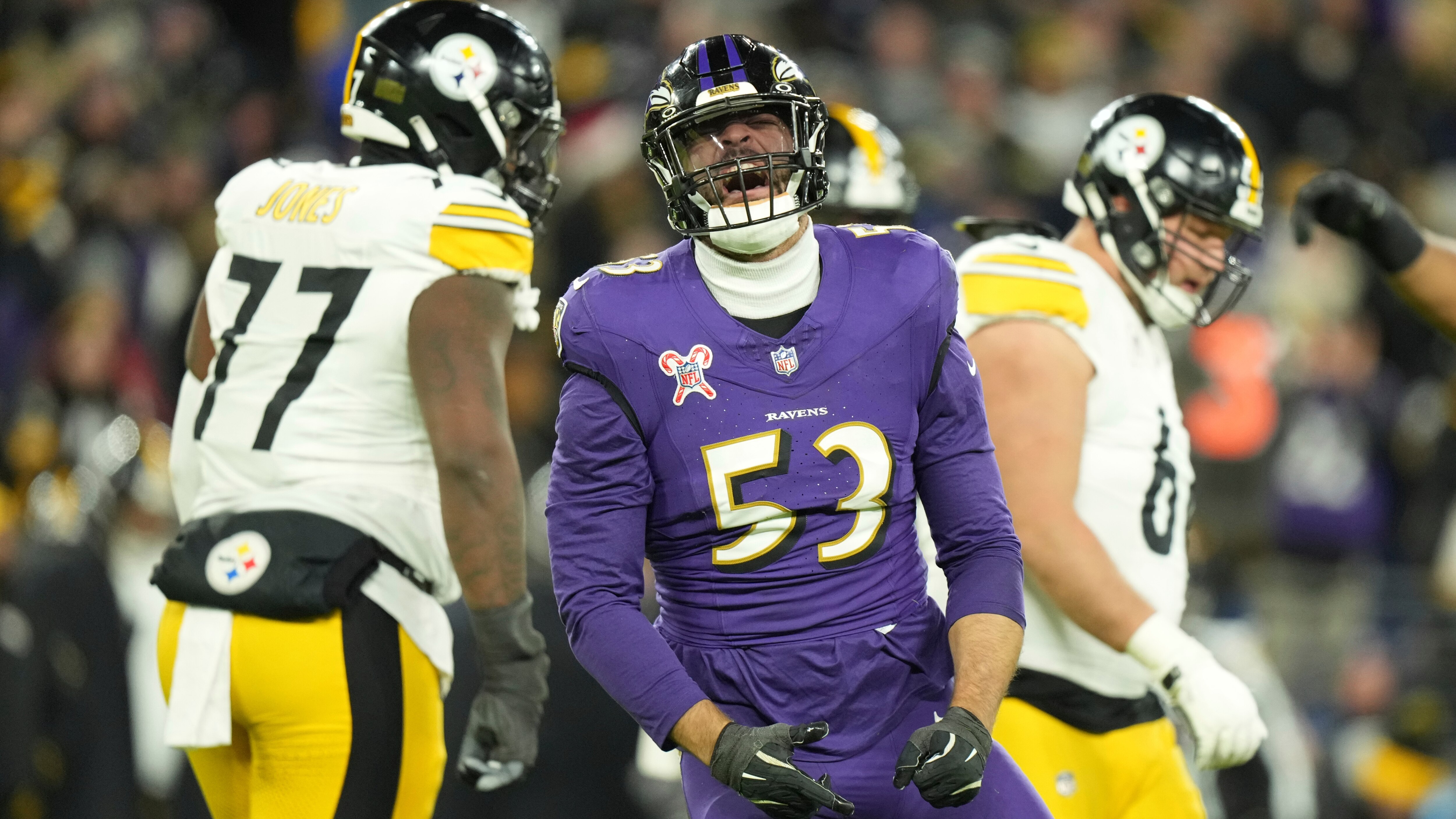 Baltimore Ravens linebacker Kyle Van Noy (53) celebrates his sack during an NFL football game against the Pittsburgh Steelers, Saturday Dec. 21, 2024, in Baltimore, MD. (AP Photo/Peter Joneleit)