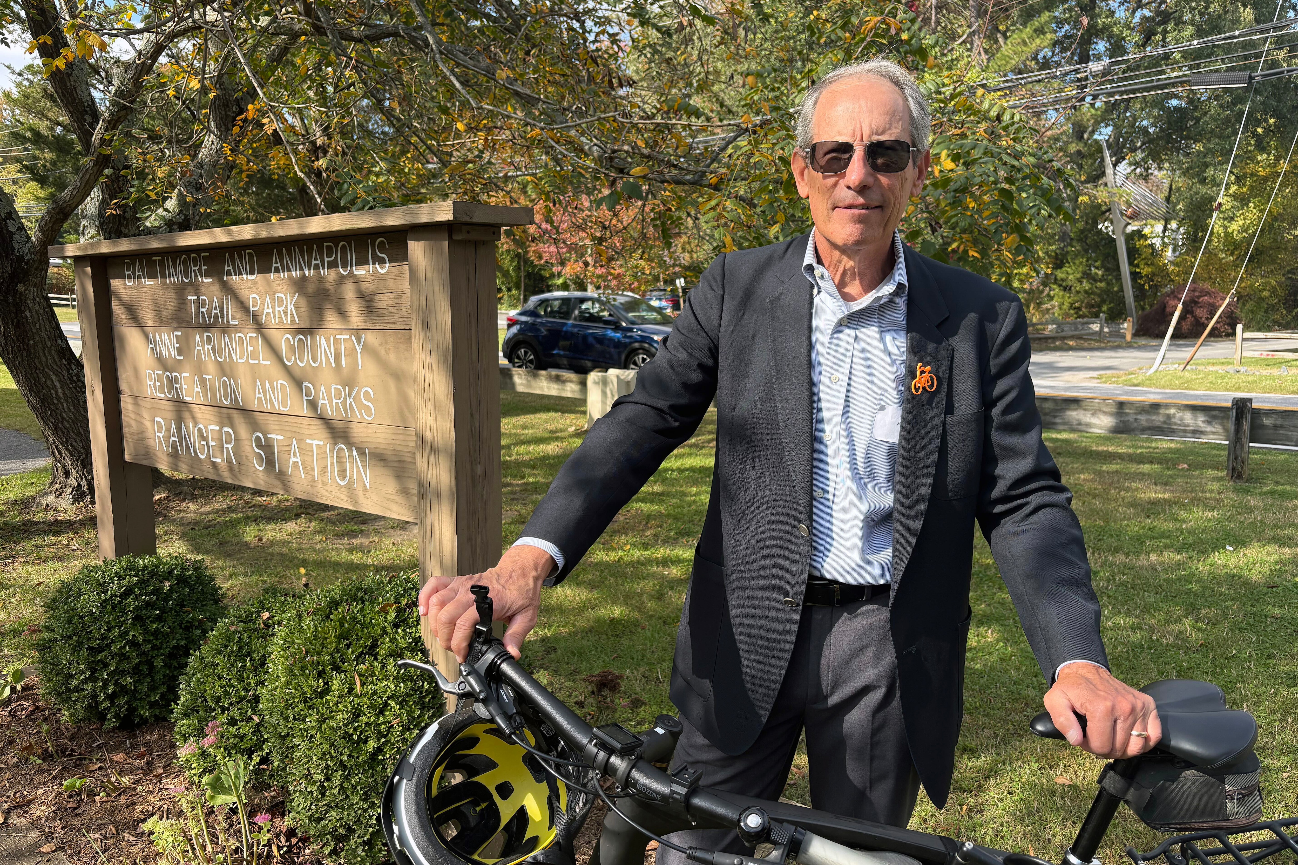 Jon Korin, president of Bicycle Advocates for Annapolis & Anne Arundel County, stands with his bike near the Baltimore & Annapolis Trail in Severna Park on Thursday, Oct. 29 2026.