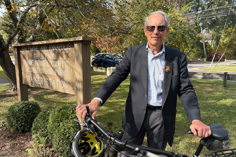 Jon Korin, president of Bicycle Advocates for Annapolis & Anne Arundel County, stands with his bike near the Baltimore & Annapolis Trail in Severna Park on Thursday, Oct. 29 2026.