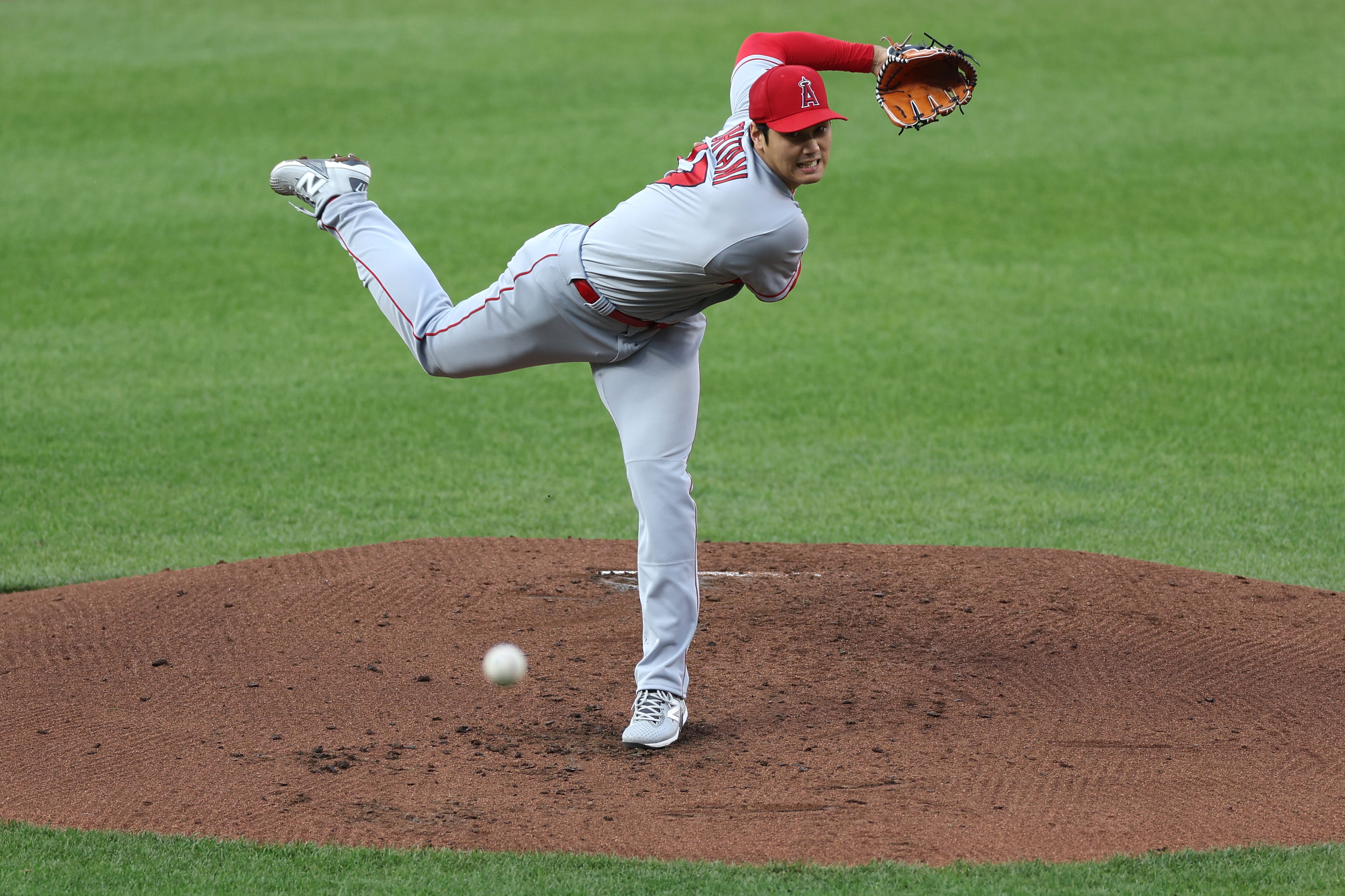 Starting pitcher Shohei Ohtani #17 of the Los Angeles Angels works the second inning against the Baltimore Orioles at Oriole Park at Camden Yards on May 15, 2023 in Baltimore, Maryland.
